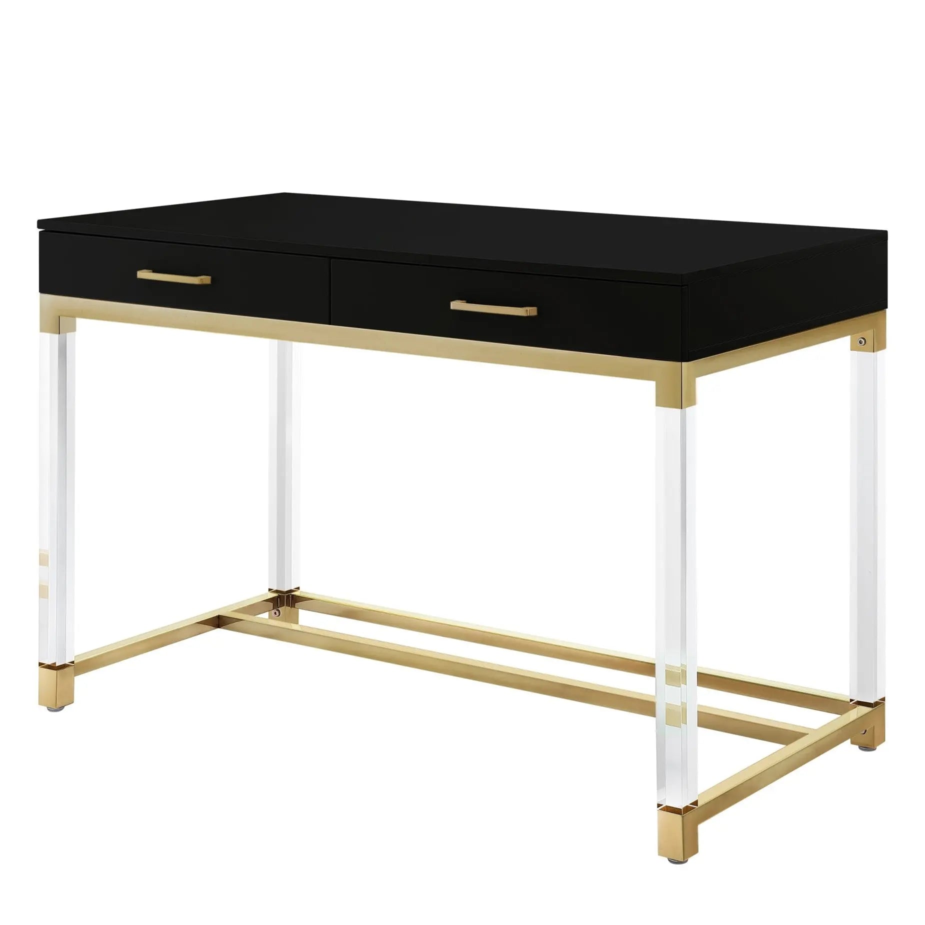 48" Black Clear and Gold Wood Acrylic and Stainless Steel Writing Desk With Two Drawers Homeroots Office