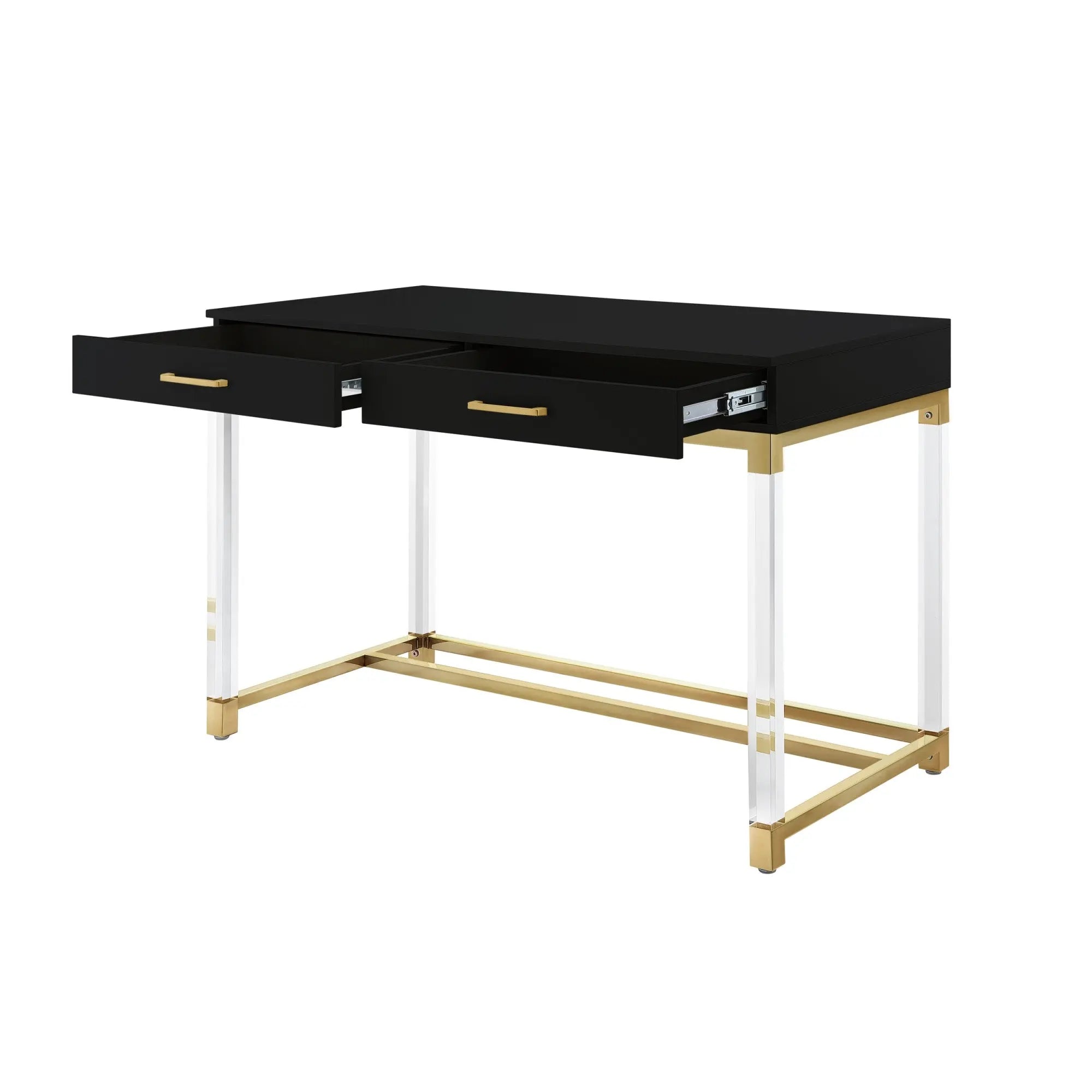 48" Black Clear and Gold Wood Acrylic and Stainless Steel Writing Desk With Two Drawers Homeroots Office