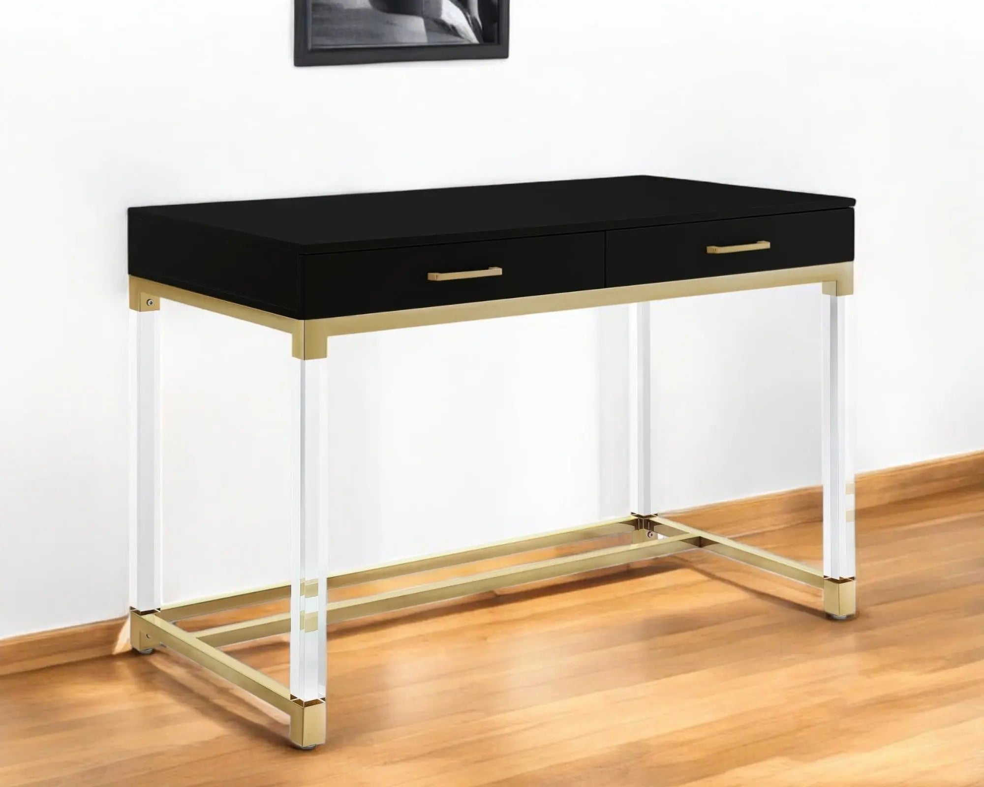 48" Black Clear and Gold Wood Acrylic and Stainless Steel Writing Desk With Two Drawers Homeroots Office