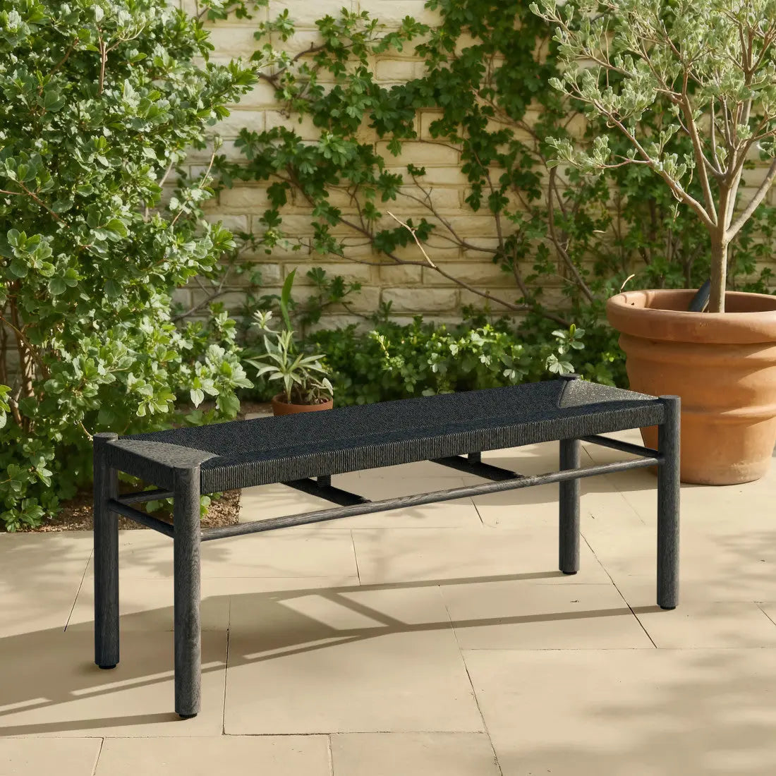 48" Black Metal and Wicker Bench Homeroots Living Room
