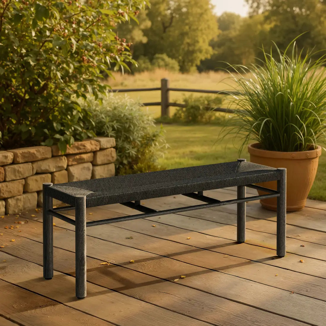 48" Black Metal and Wicker Bench Homeroots Living Room