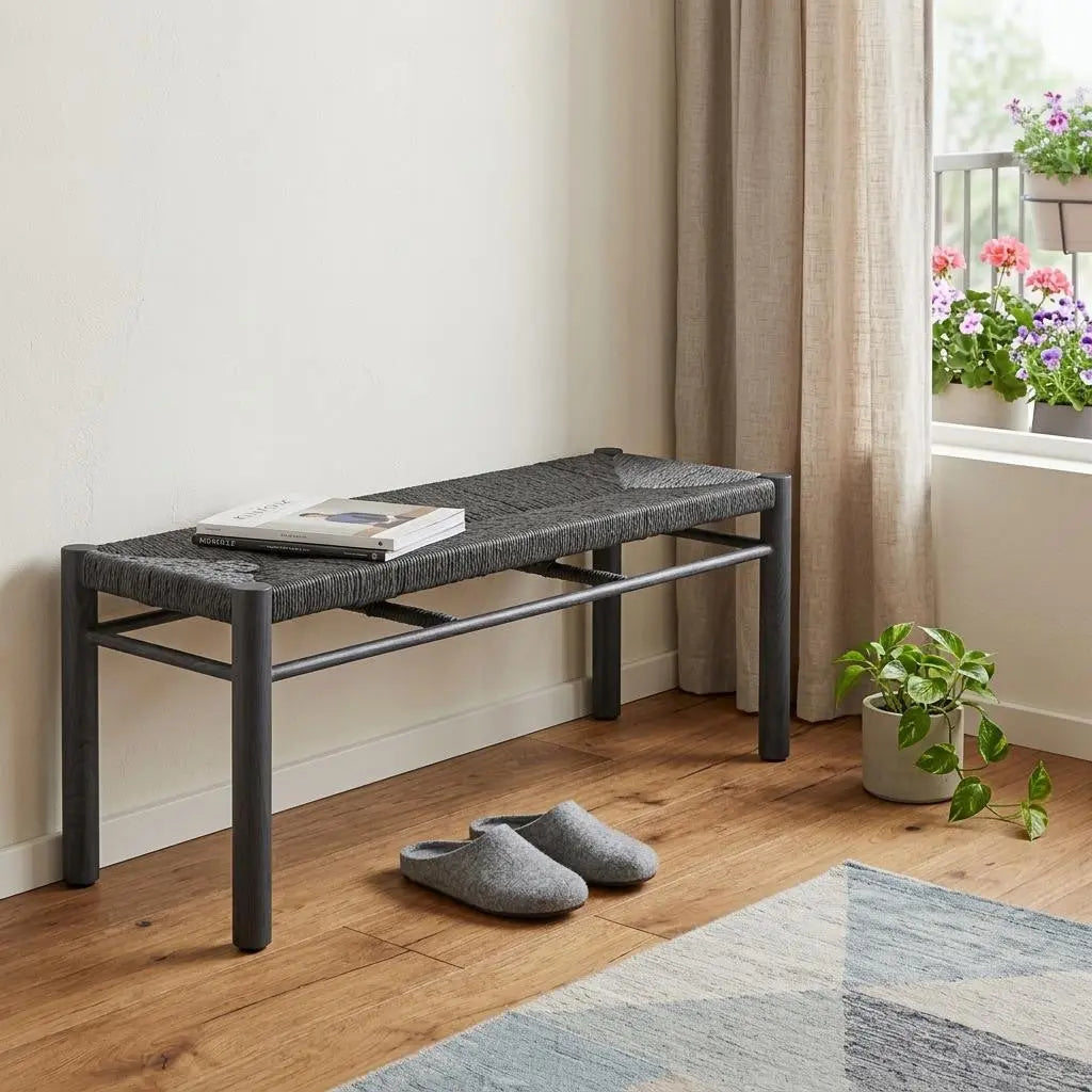 48" Black Metal and Wicker Bench Homeroots Living Room