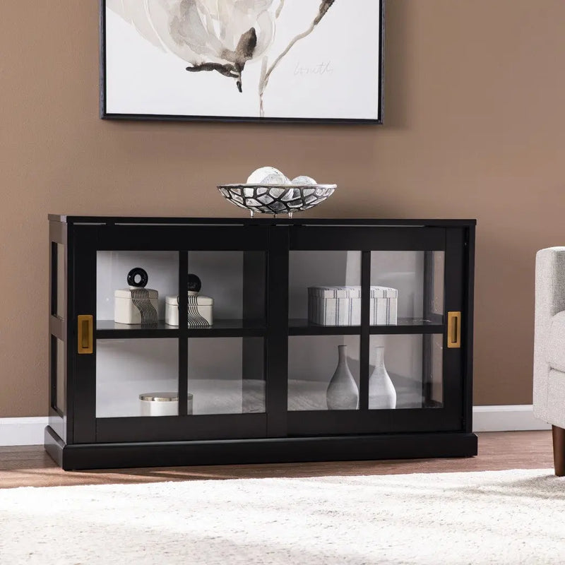 48" Black Sideboard with Two Glass Sliding Doors Homeroots Kitchen & Dining