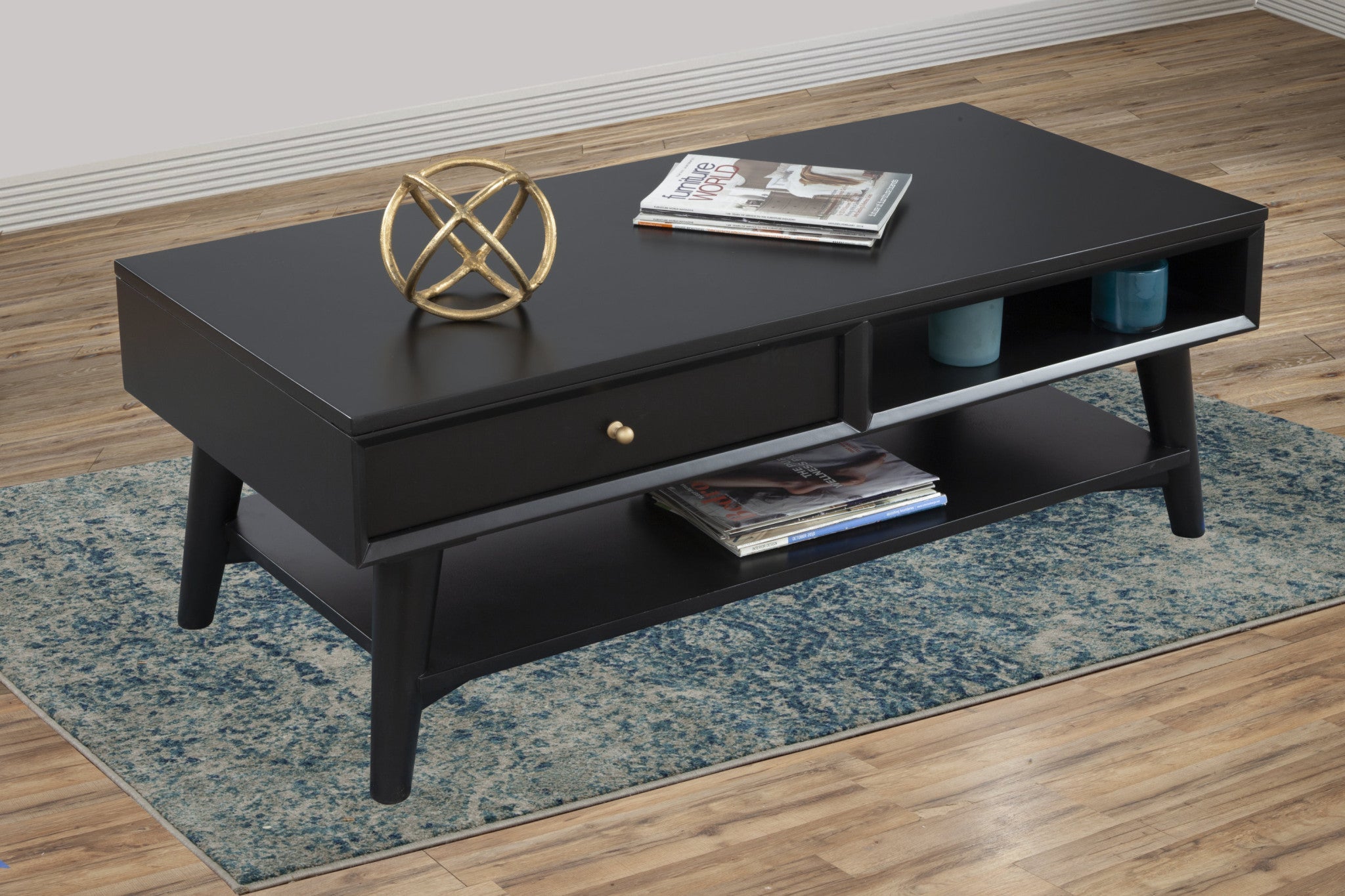 48" Black Solid And Manufactured Wood Coffee Table With Drawer - GreatEagleInc