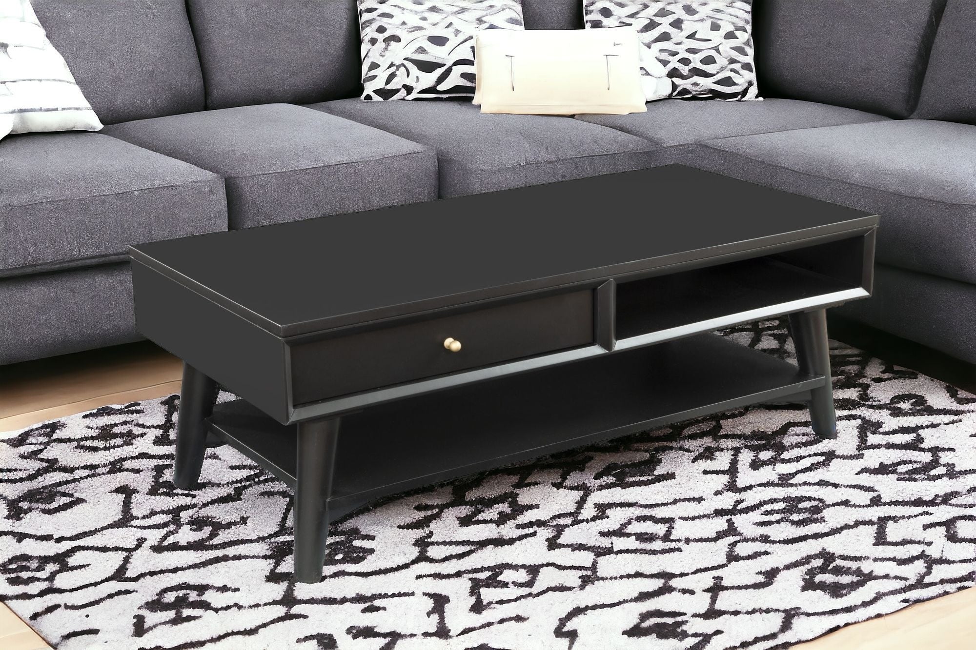 48" Black Solid And Manufactured Wood Coffee Table With Drawer - GreatEagleInc