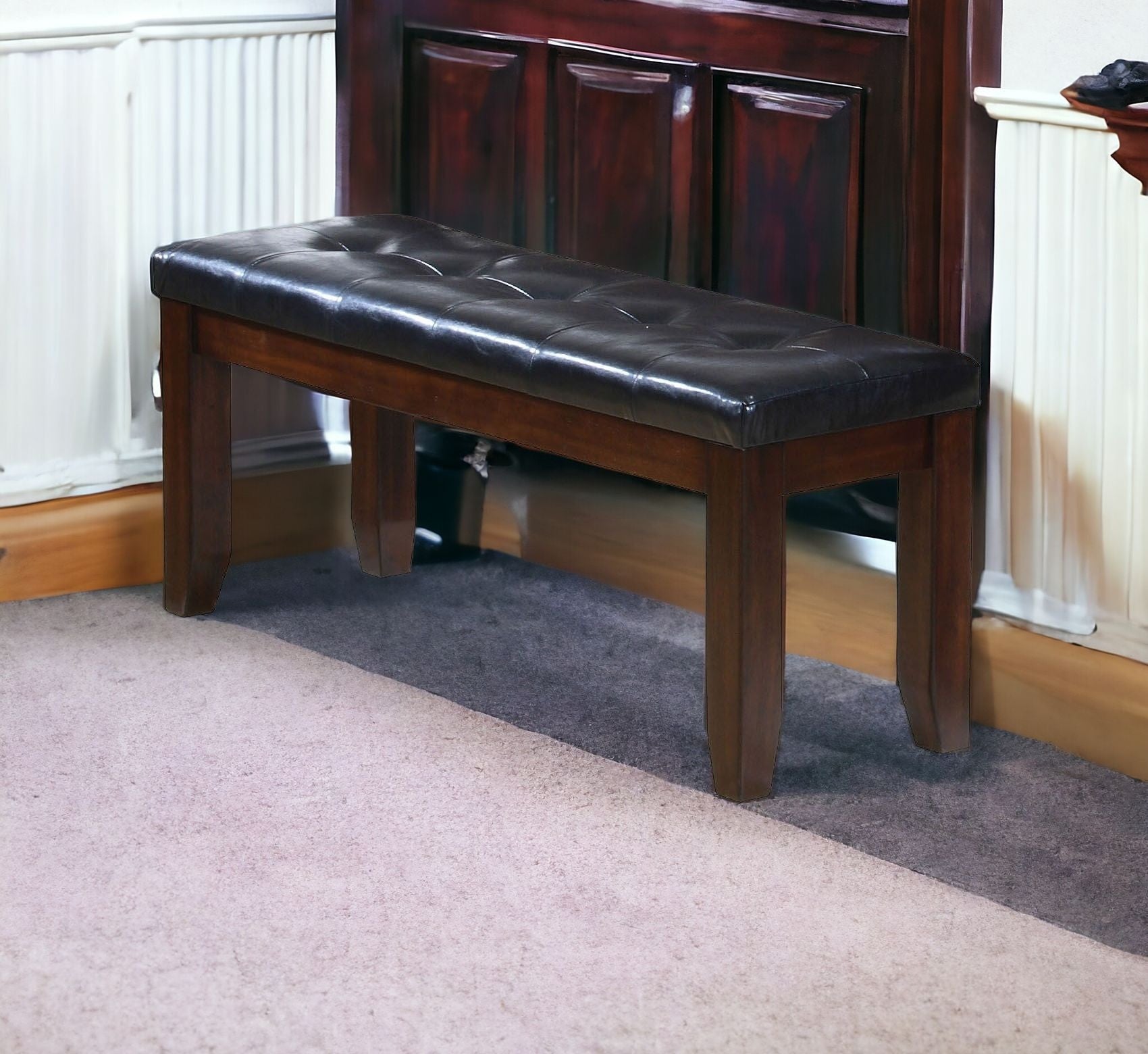 48" Black and Espresso Faux Leather and Wood Upholstered Bench - GreatEagleInc