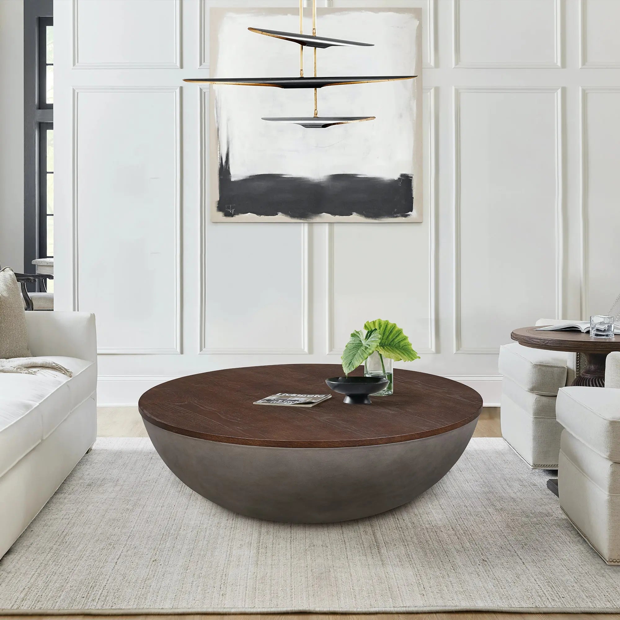 48" Brown And Gray Solid Wood And Concrete Round Coffee Table Homeroots Living Room
