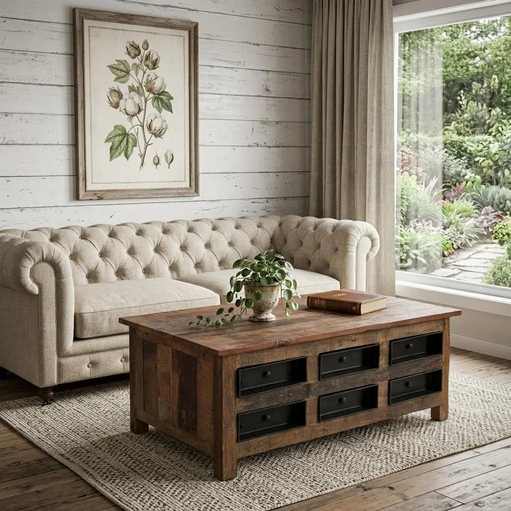 48" Brown Reclaimed Wood and Solid Wood Coffee Table With 12 Homeroots Living Room