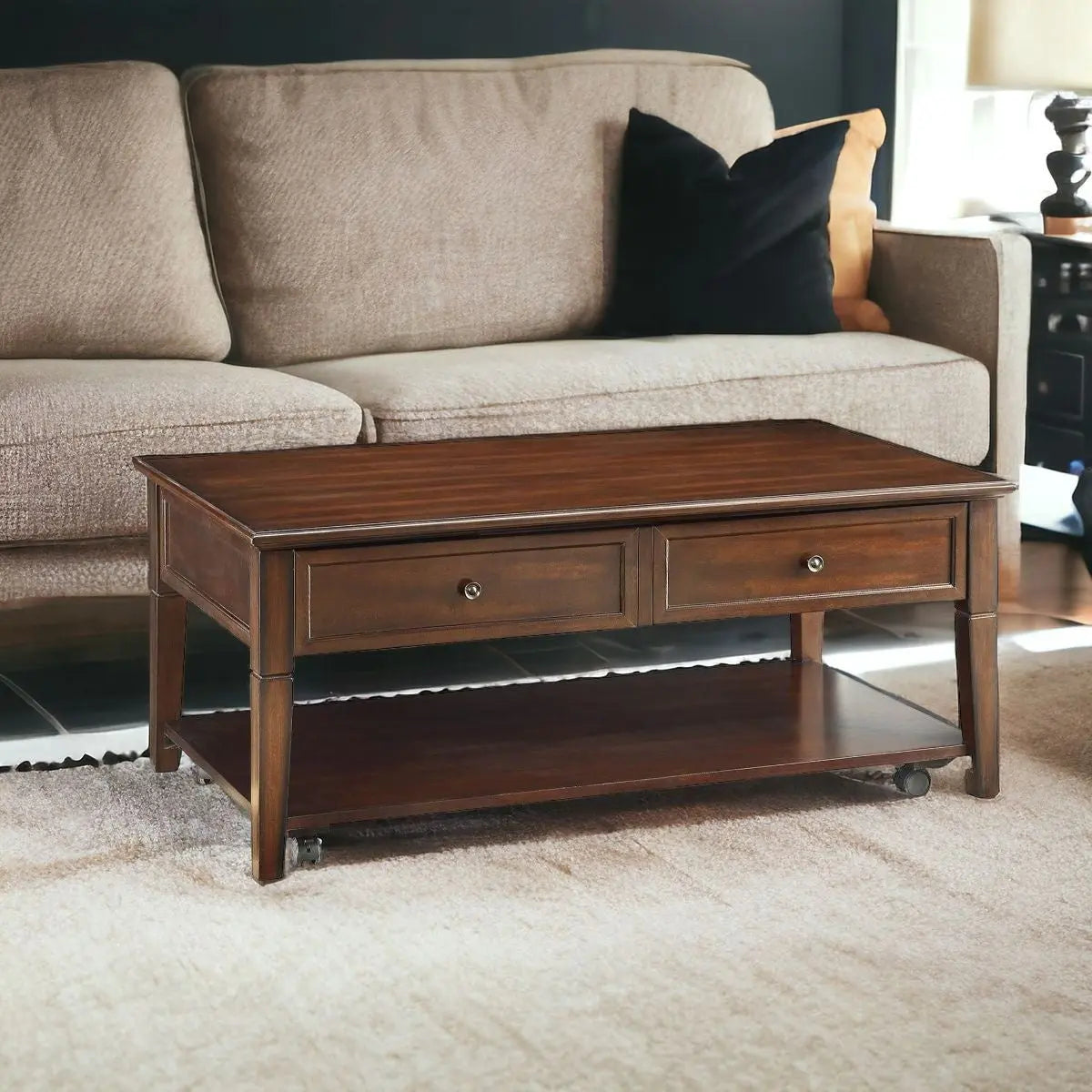 48" Brown Wood Lift Top Coffee Table With Shelf - GreatEagleInc