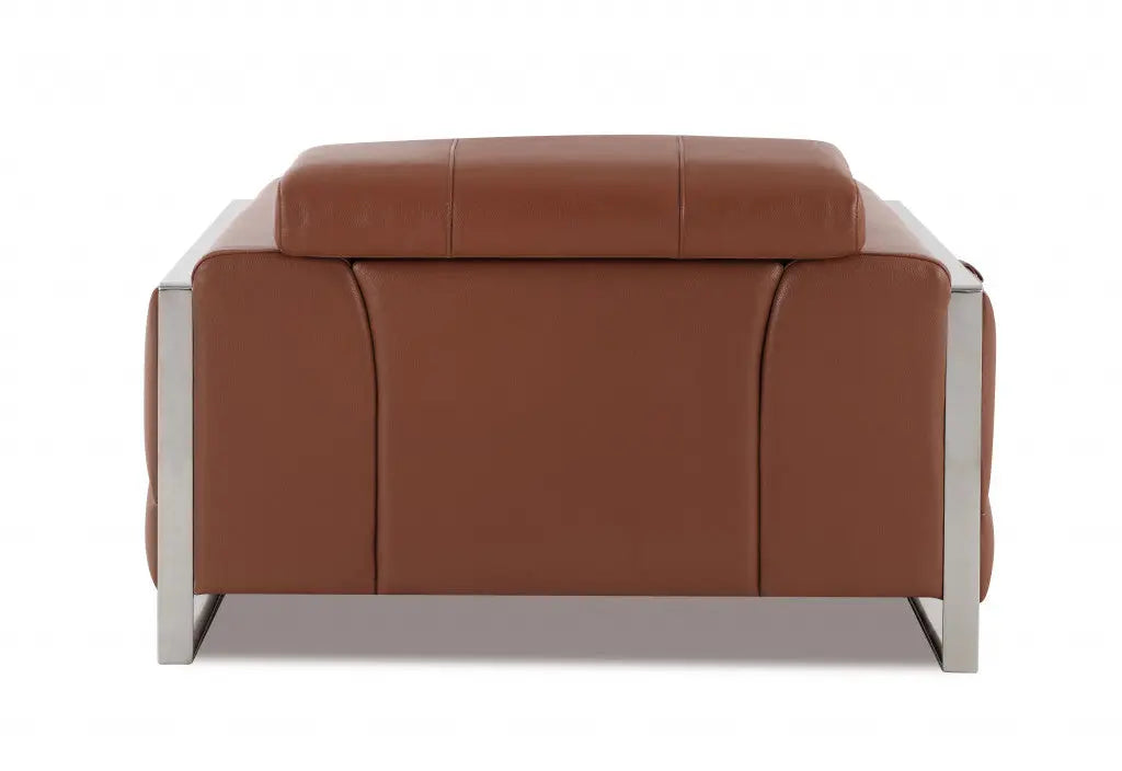 48" Camel And Silver Italian Leather Arm Chair Homeroots Living Room