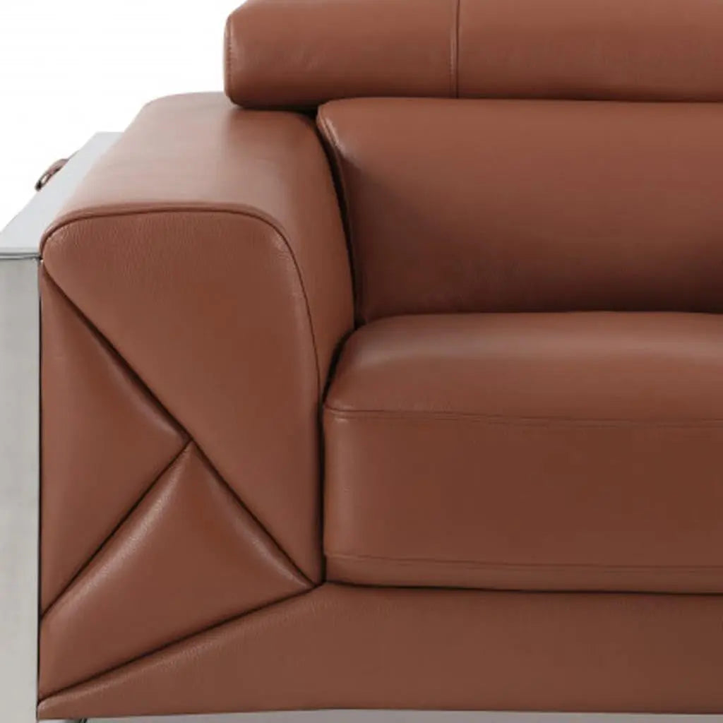 48" Camel And Silver Italian Leather Arm Chair Homeroots Living Room