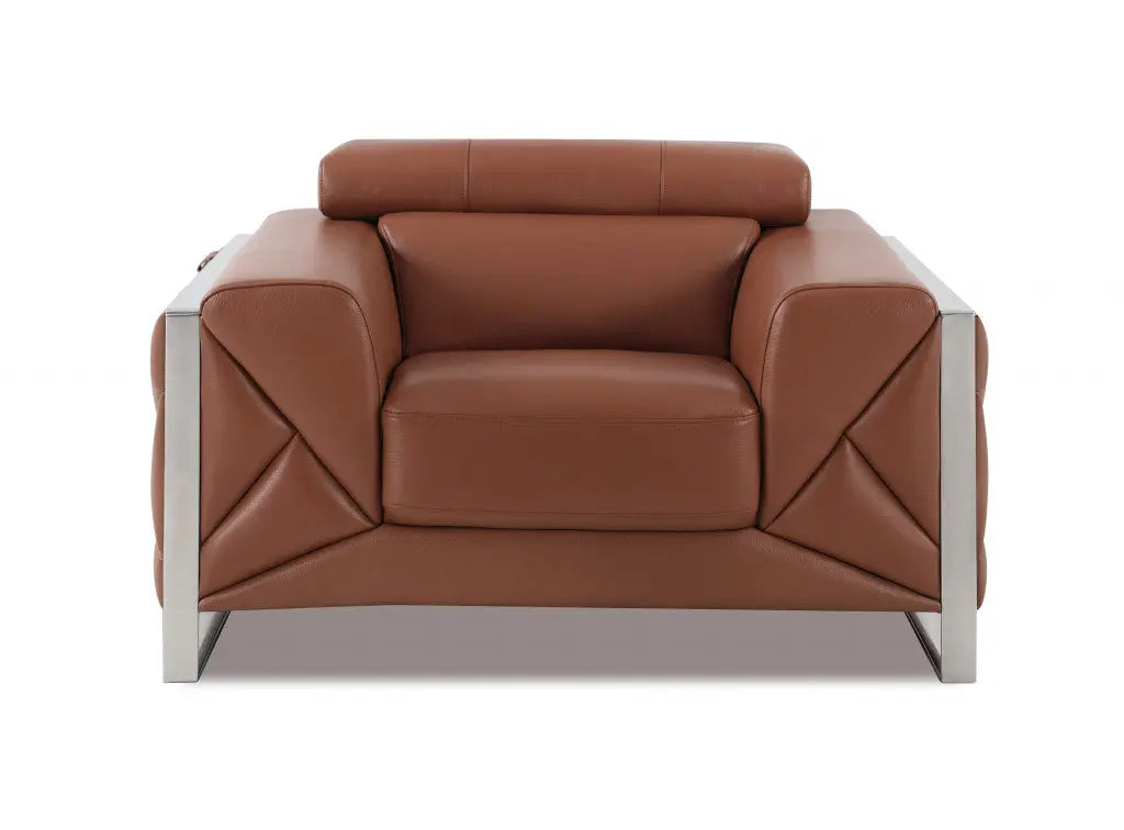 48" Camel And Silver Italian Leather Arm Chair Homeroots Living Room