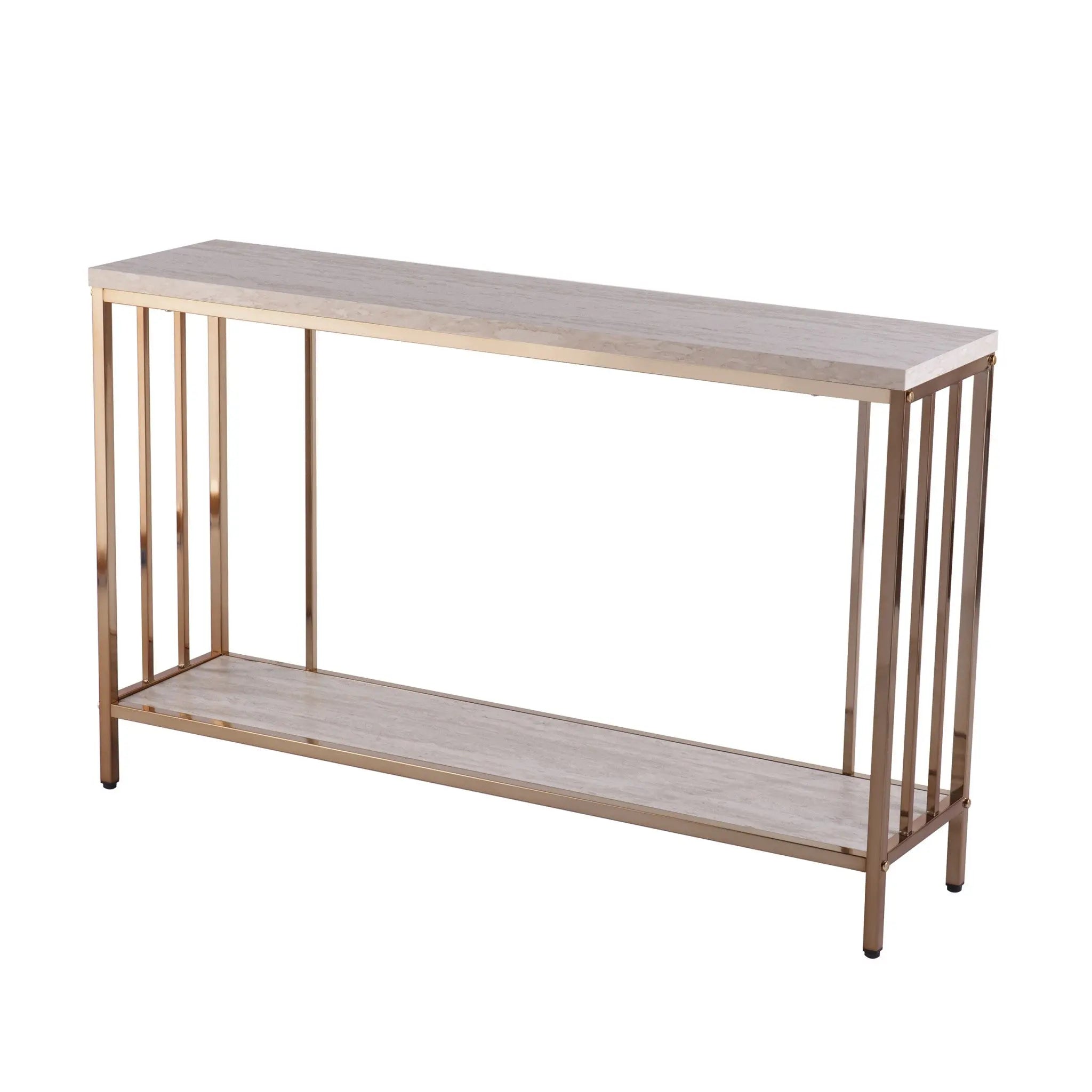 48" Champagne and Gold Faux Stone Floor Shelf Console Table With Storage Homeroots Living Room
