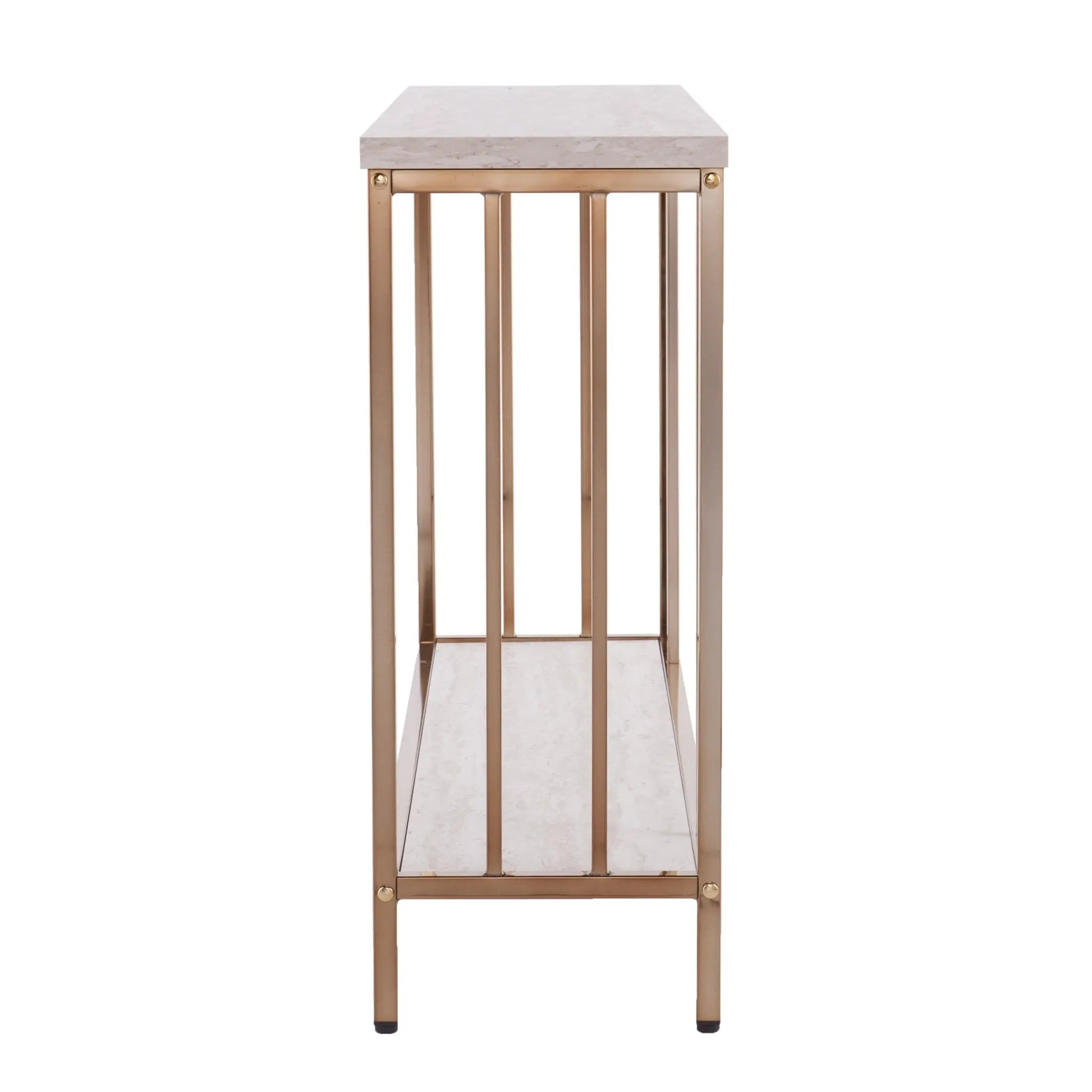 48" Champagne and Gold Faux Stone Floor Shelf Console Table With Storage Homeroots Living Room