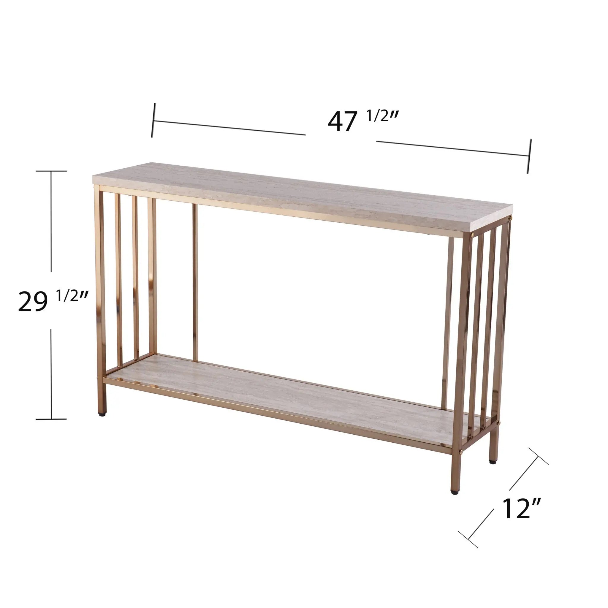 48" Champagne and Gold Faux Stone Floor Shelf Console Table With Storage Homeroots Living Room