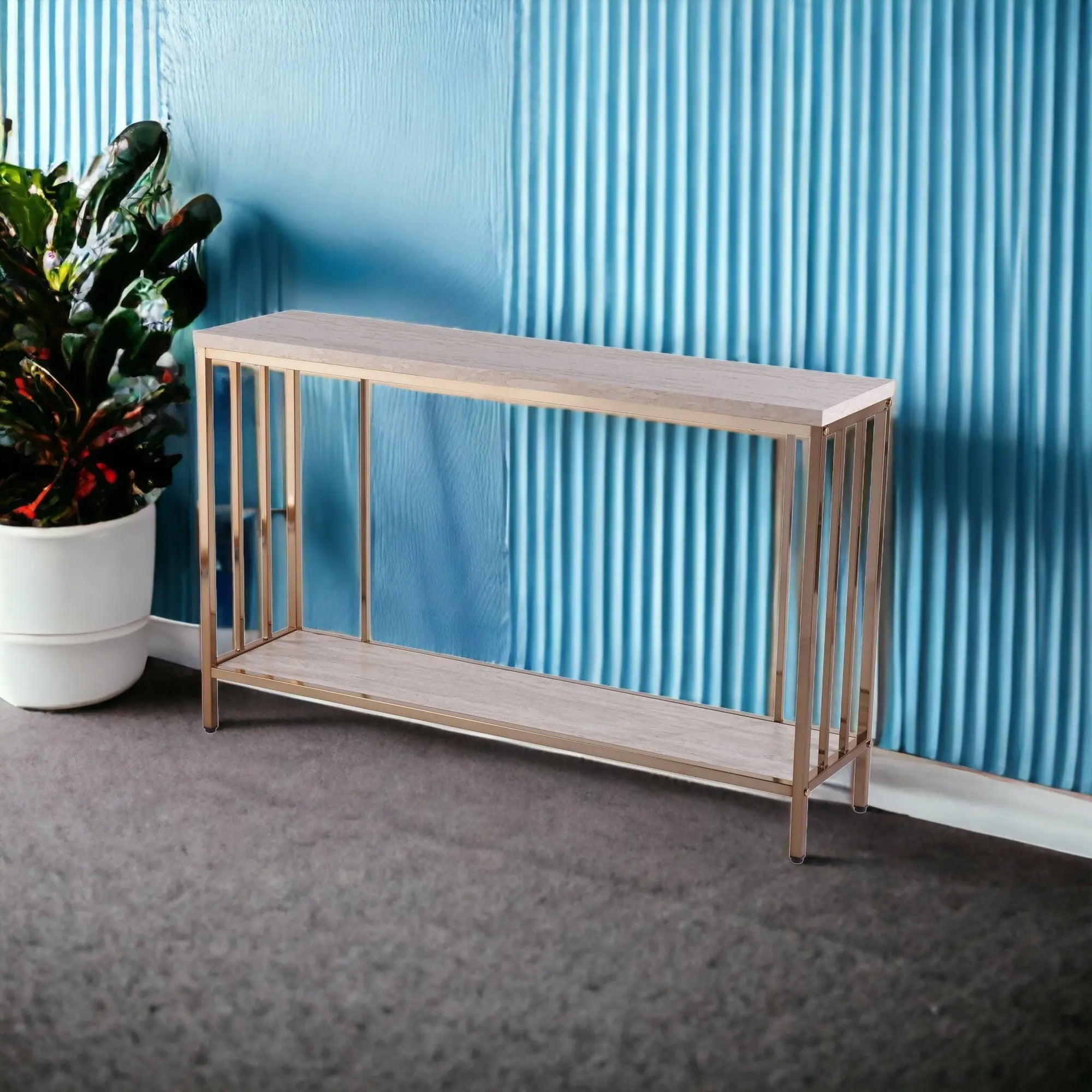 48" Champagne and Gold Faux Stone Floor Shelf Console Table With Storage Homeroots Living Room