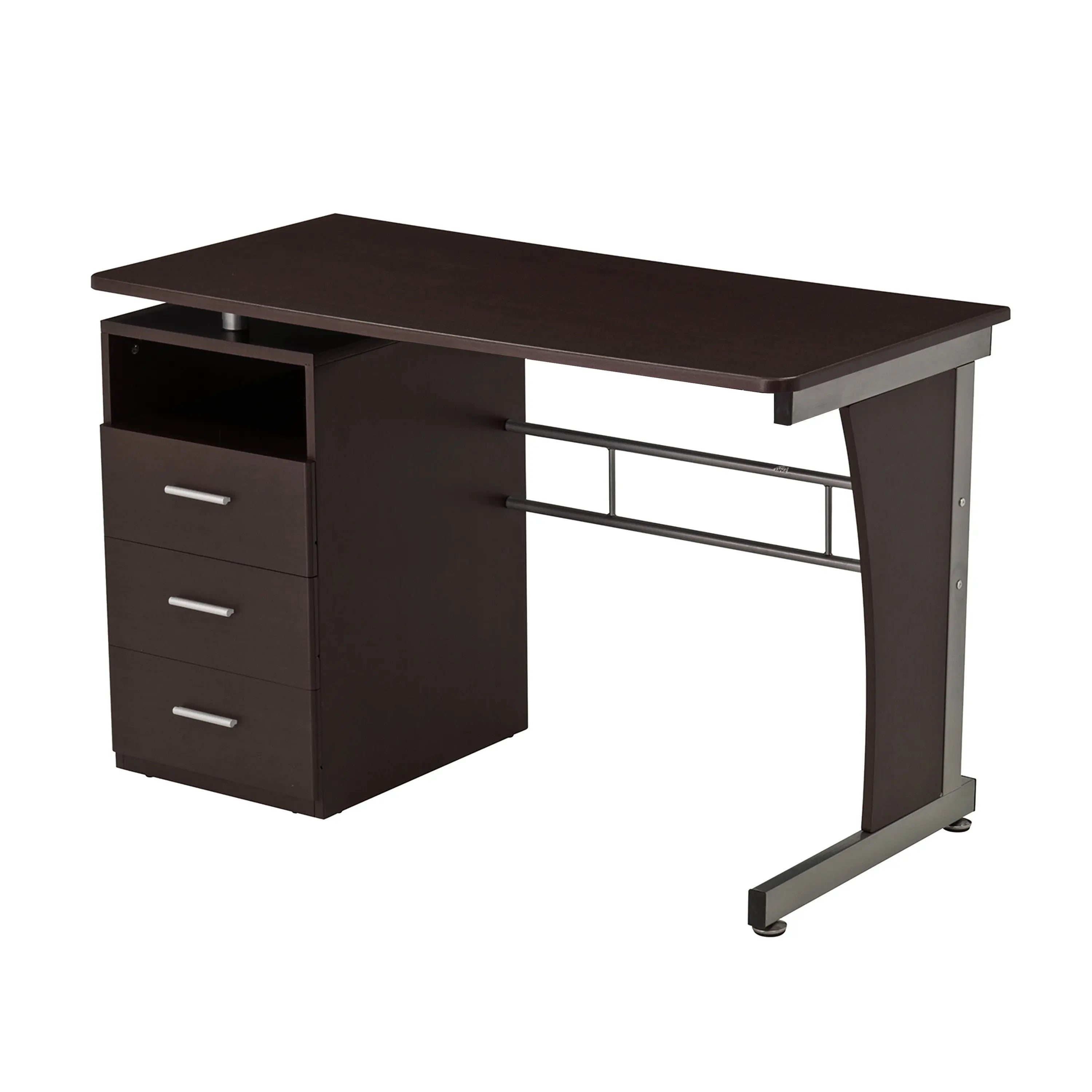 48" Chocolate Wood and Stainless Steel Computer Desk With Three Drawers Homeroots