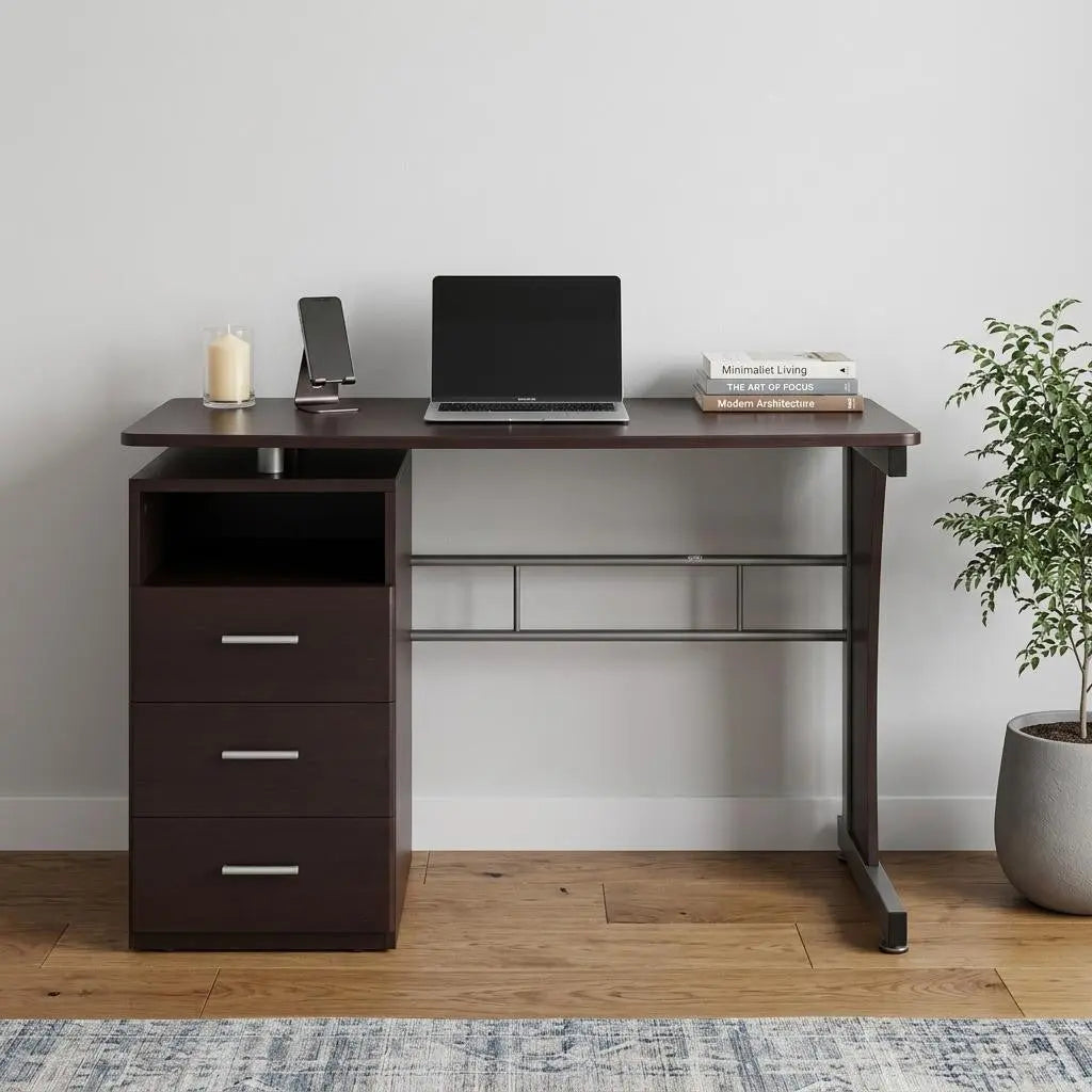 48" Chocolate Wood and Stainless Steel Computer Desk With Three Drawers Homeroots