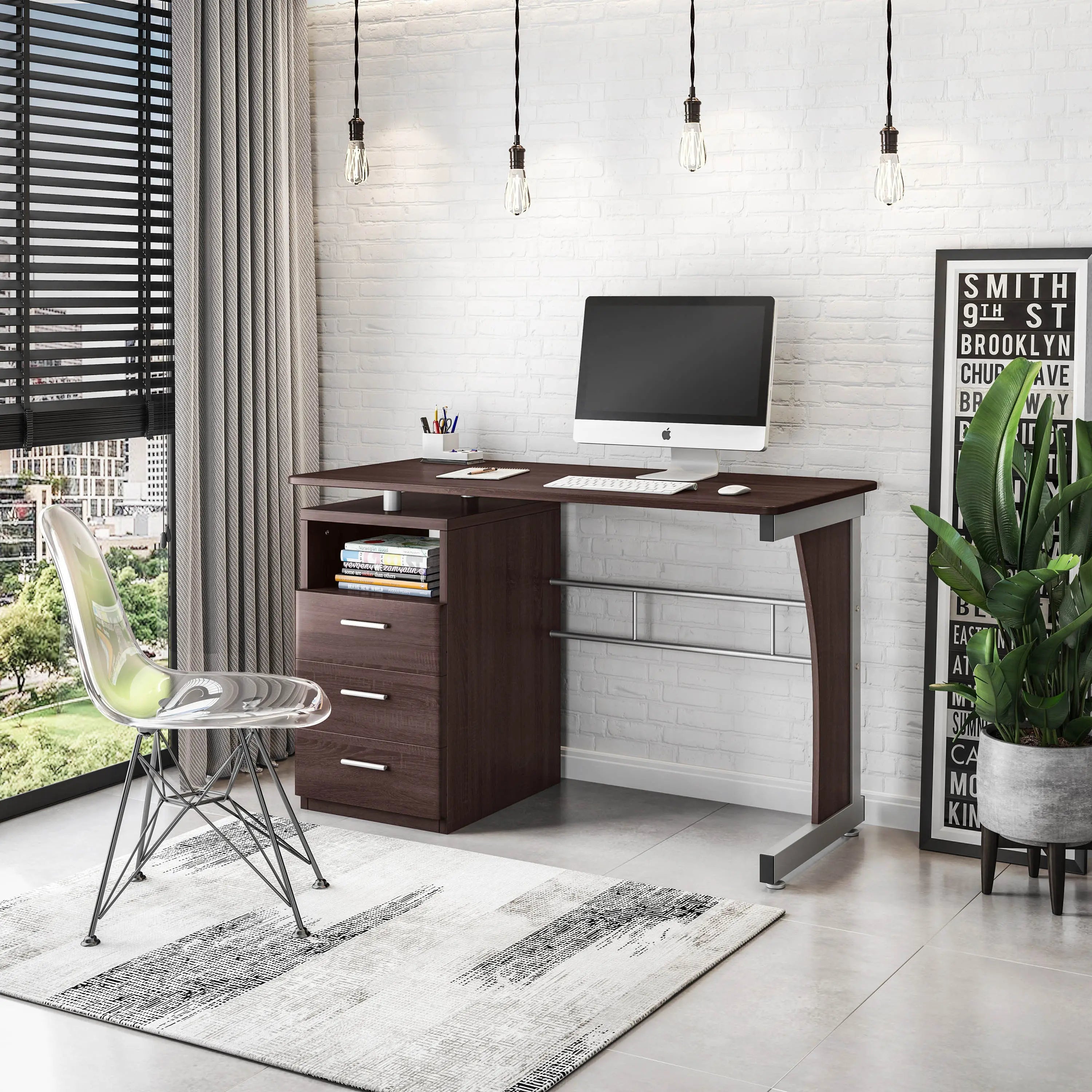 48" Chocolate Wood and Stainless Steel Computer Desk With Three Drawers Homeroots