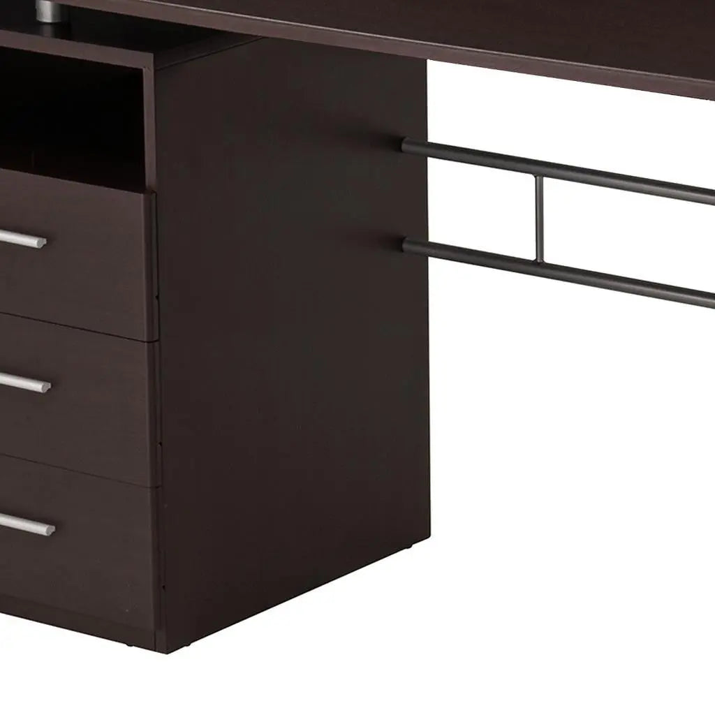 48" Chocolate Wood and Stainless Steel Computer Desk With Three Drawers Homeroots