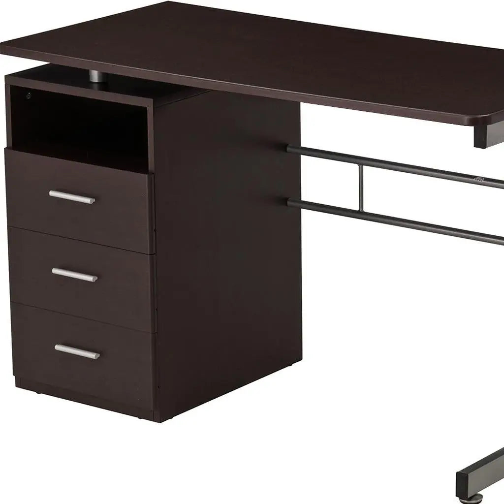 48" Chocolate Wood and Stainless Steel Computer Desk With Three Drawers Homeroots