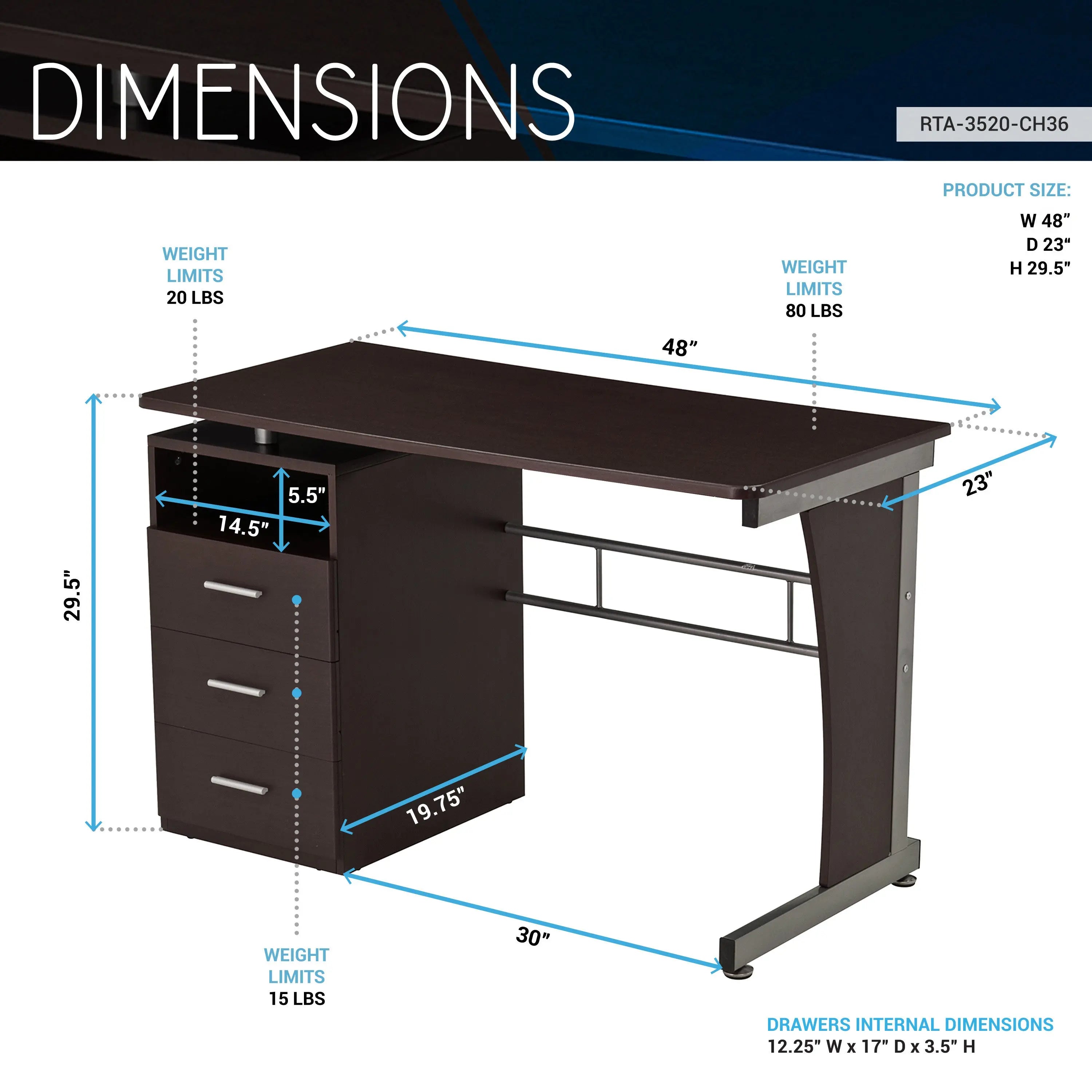 48" Chocolate Wood and Stainless Steel Computer Desk With Three Drawers Homeroots
