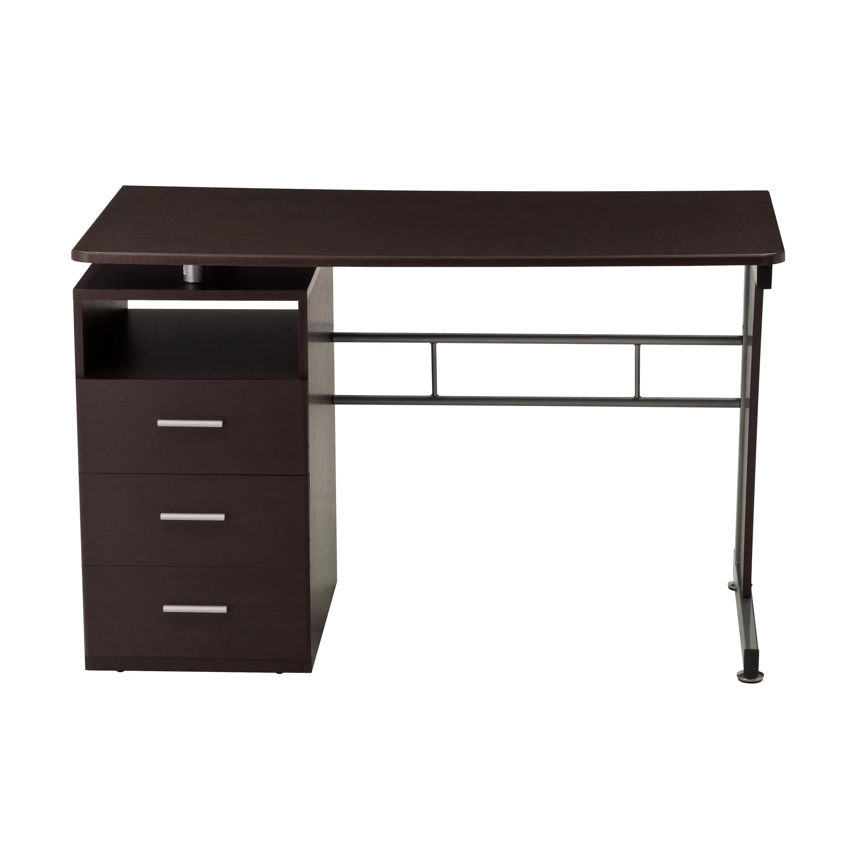 48" Chocolate Wood and Stainless Steel Computer Desk With Three Drawers Homeroots