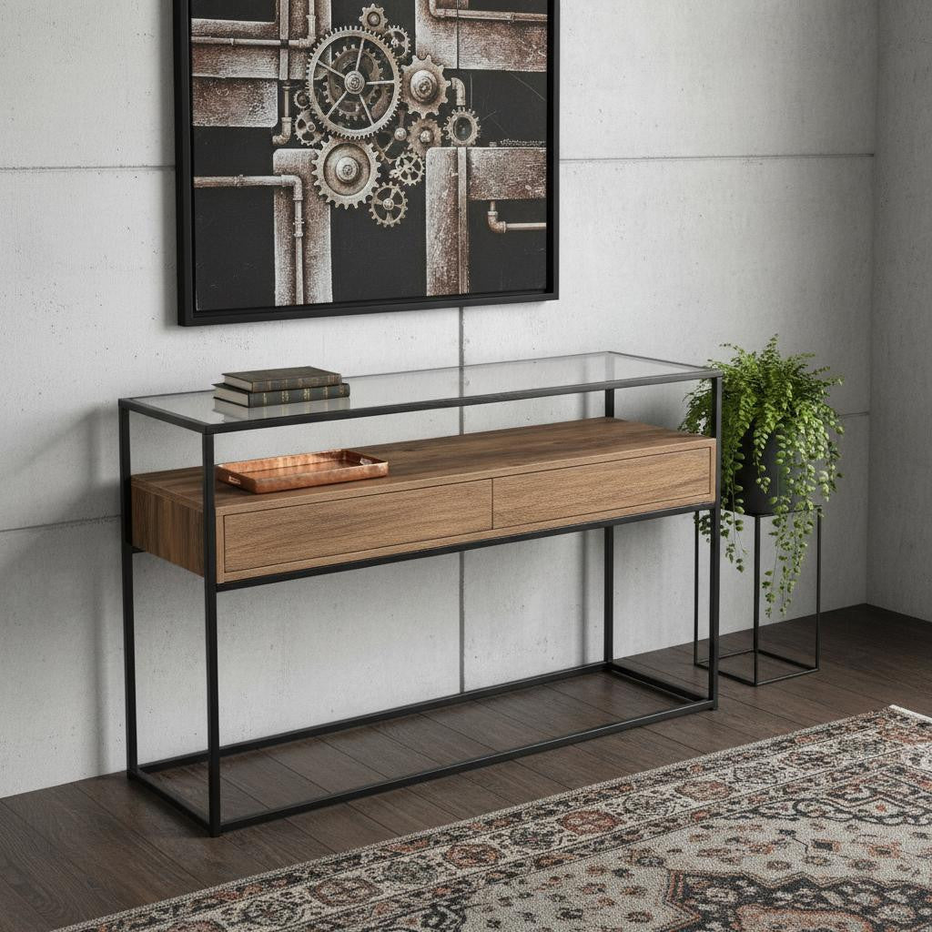 48" Clear and Black Glass Frame Console Table With Storage With Storage Homeroots Living Room