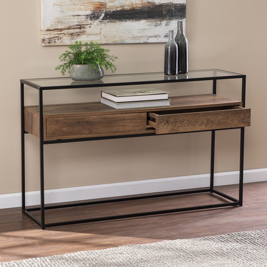 48" Clear and Black Glass Frame Console Table With Storage With Storage Homeroots Living Room