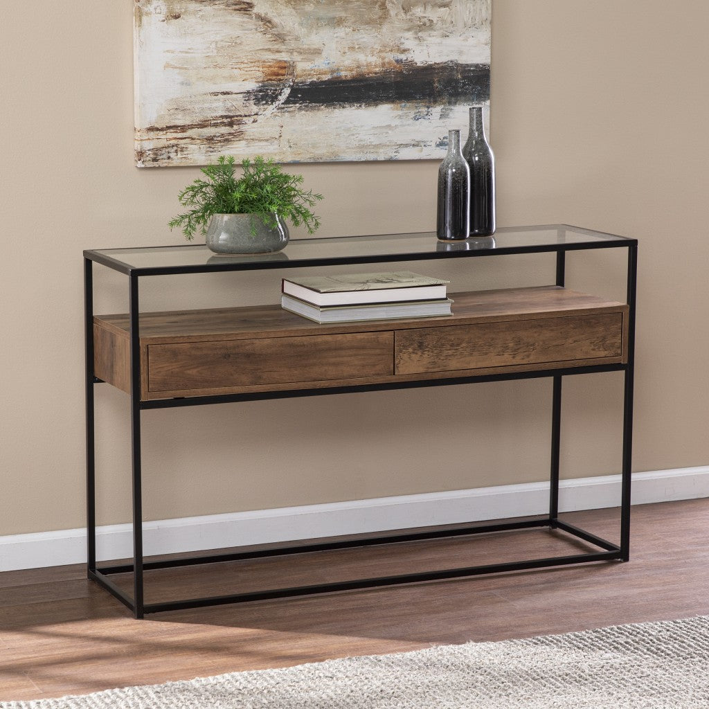 48" Clear and Black Glass Frame Console Table With Storage With Storage Homeroots Living Room