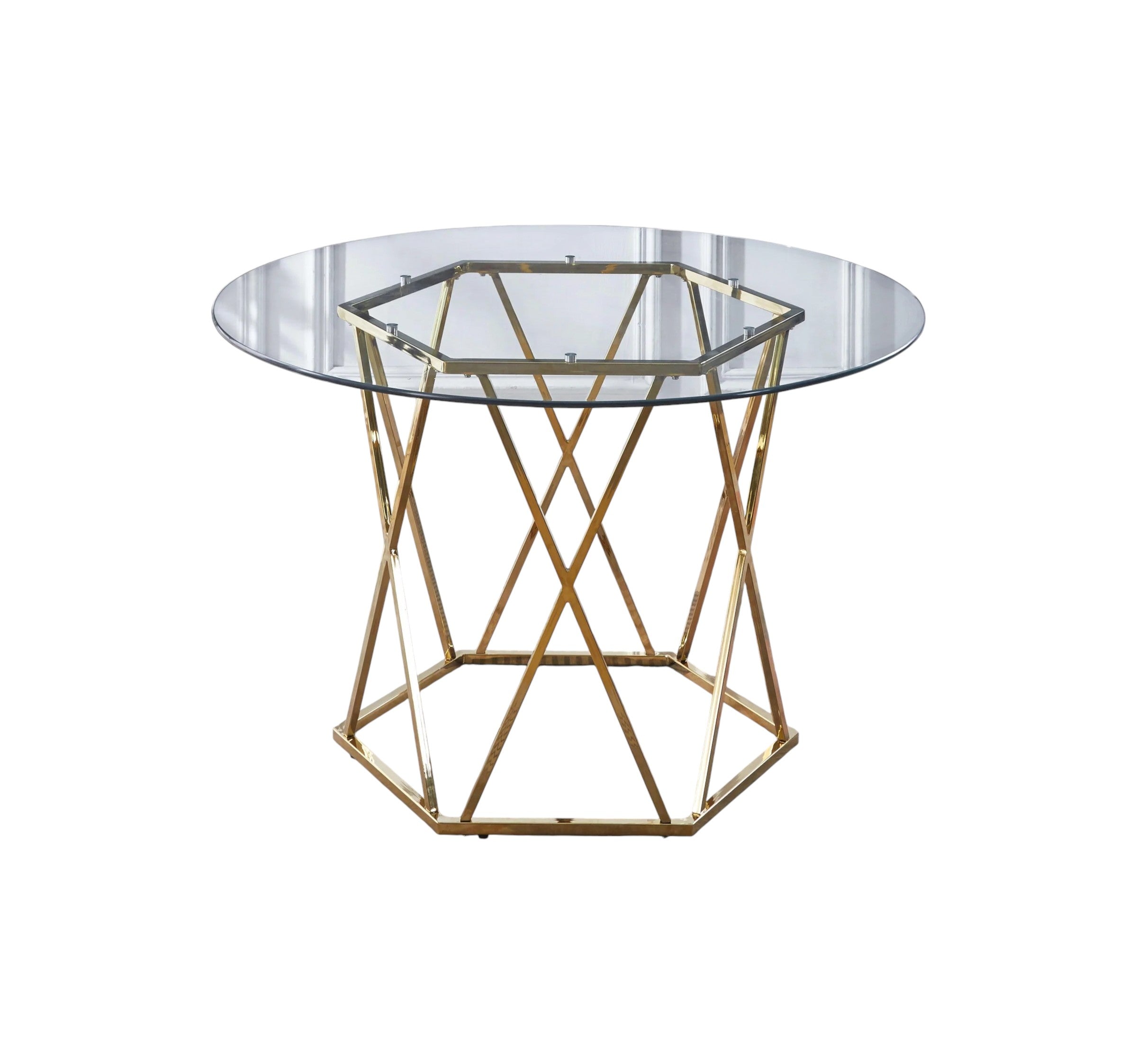 48" Clear And Gold Glass And Metal Trestle Base Round Top Dining Table - GreatEagleInc