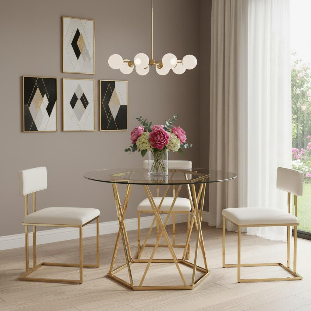 48" Clear And Gold Glass And Metal Trestle Base Round Top Dining Table - GreatEagleInc