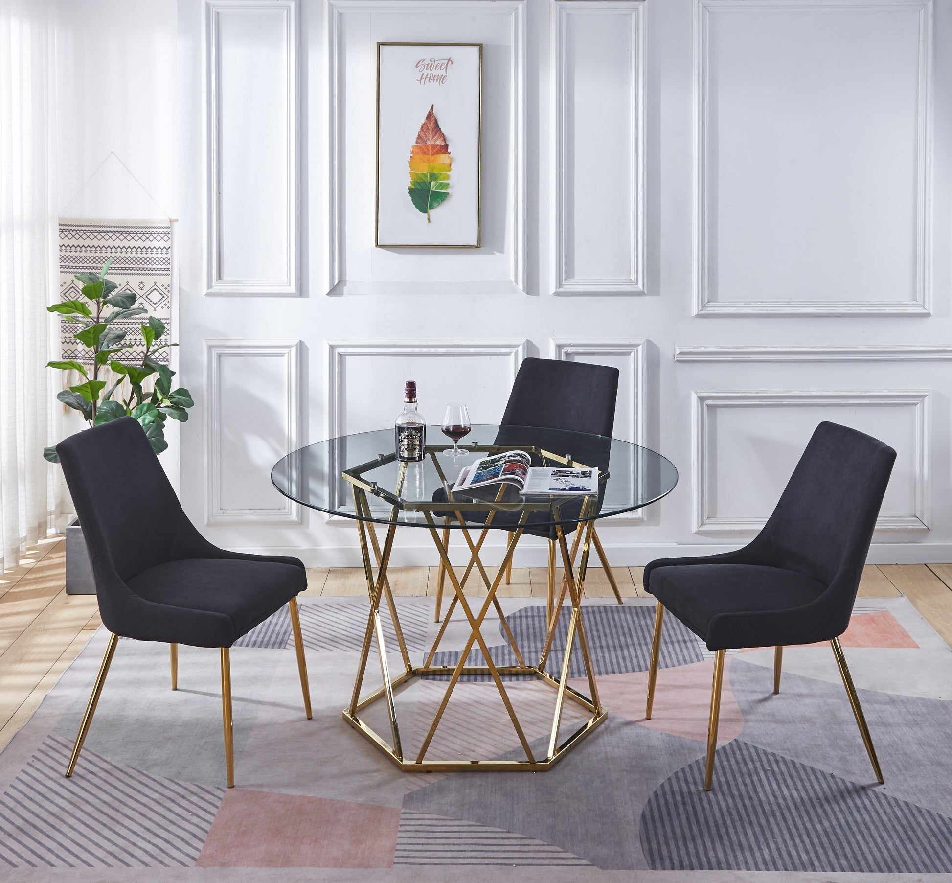48" Clear And Gold Glass And Metal Trestle Base Round Top Dining Table - GreatEagleInc