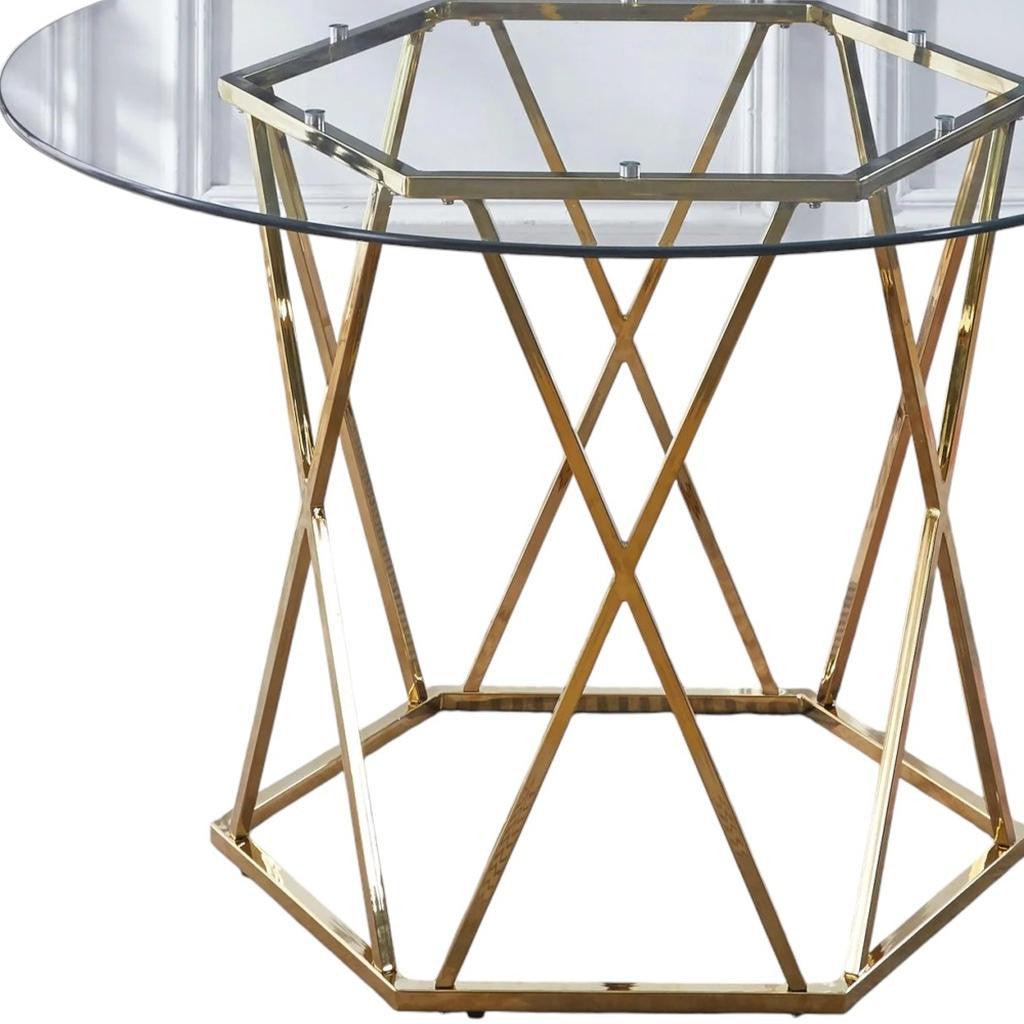 48" Clear And Gold Glass And Metal Trestle Base Round Top Dining Table - GreatEagleInc