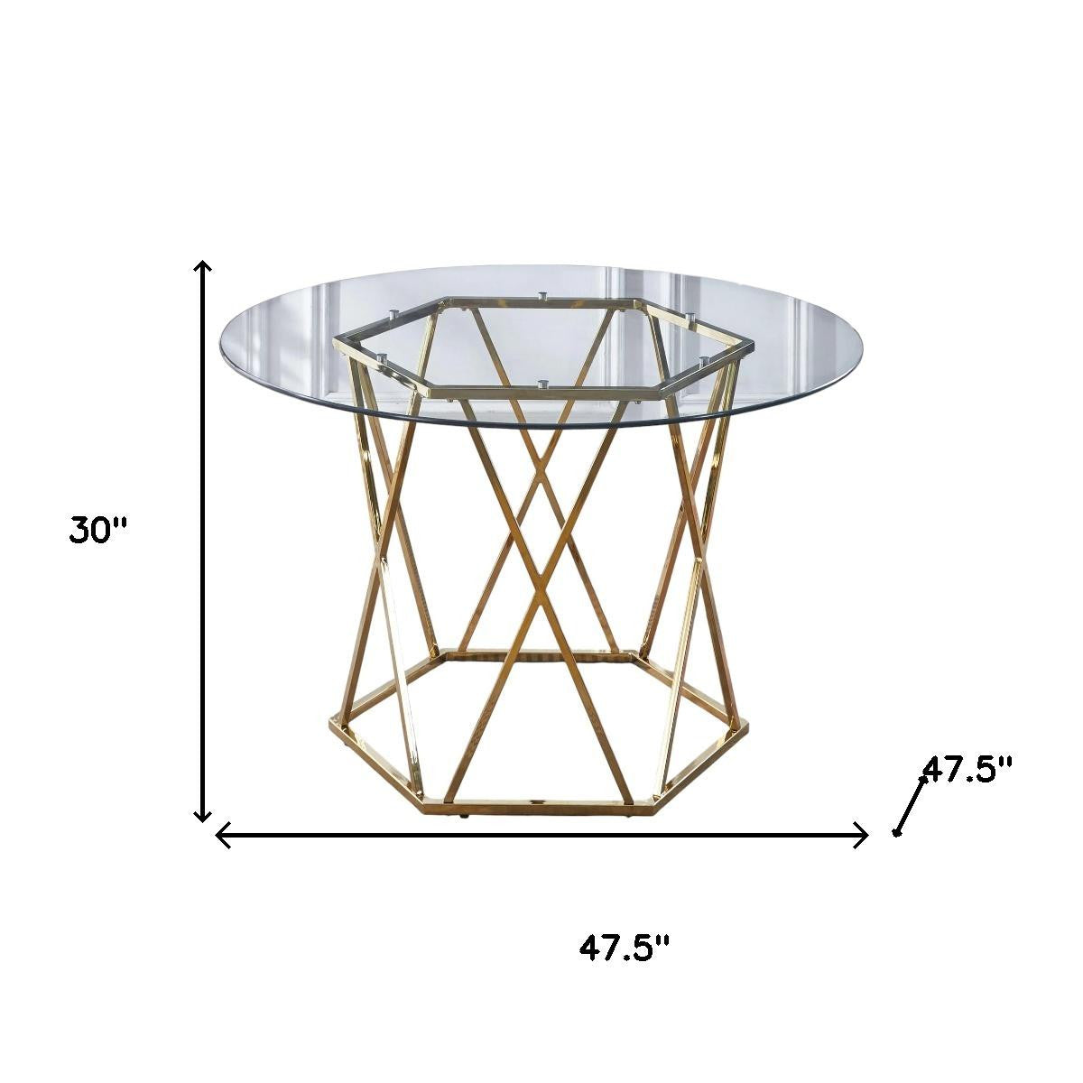 48" Clear And Gold Glass And Metal Trestle Base Round Top Dining Table - GreatEagleInc