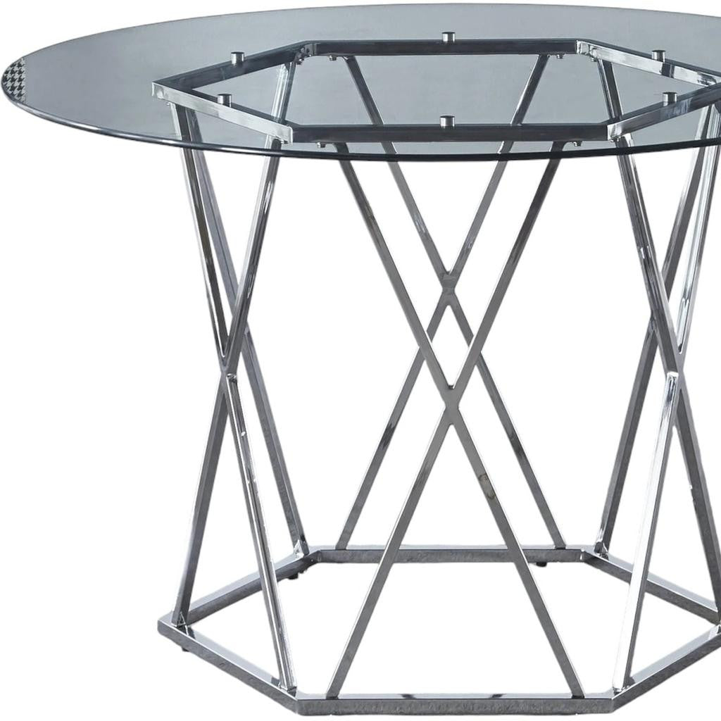 48" Clear And Silver Glass And Metal Trestle Base Round Top Dining Table - GreatEagleInc
