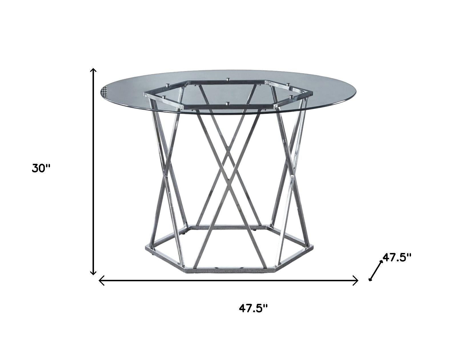 48" Clear And Silver Glass And Metal Trestle Base Round Top Dining Table - GreatEagleInc
