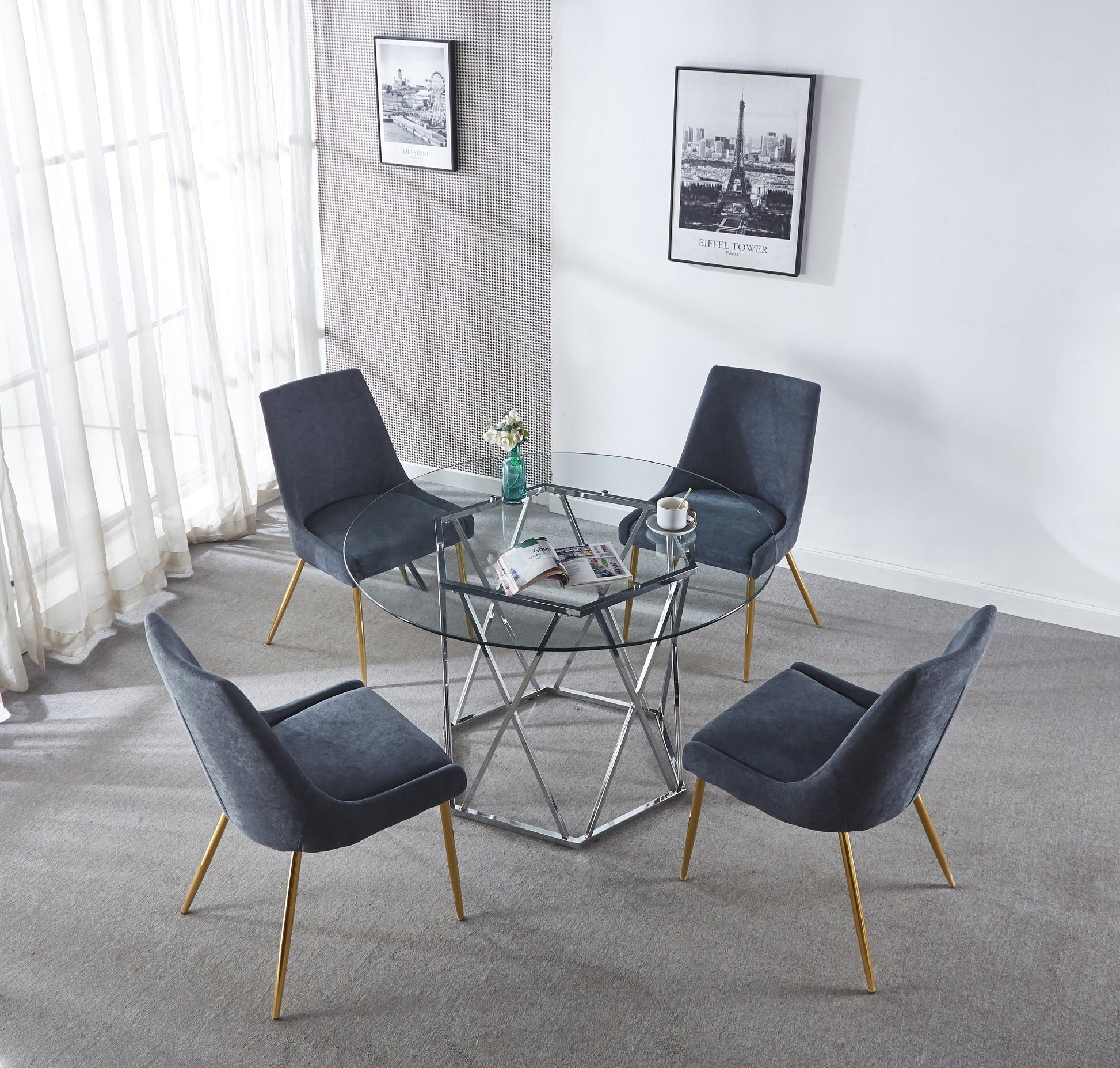 48" Clear And Silver Glass And Metal Trestle Base Round Top Dining Table - GreatEagleInc