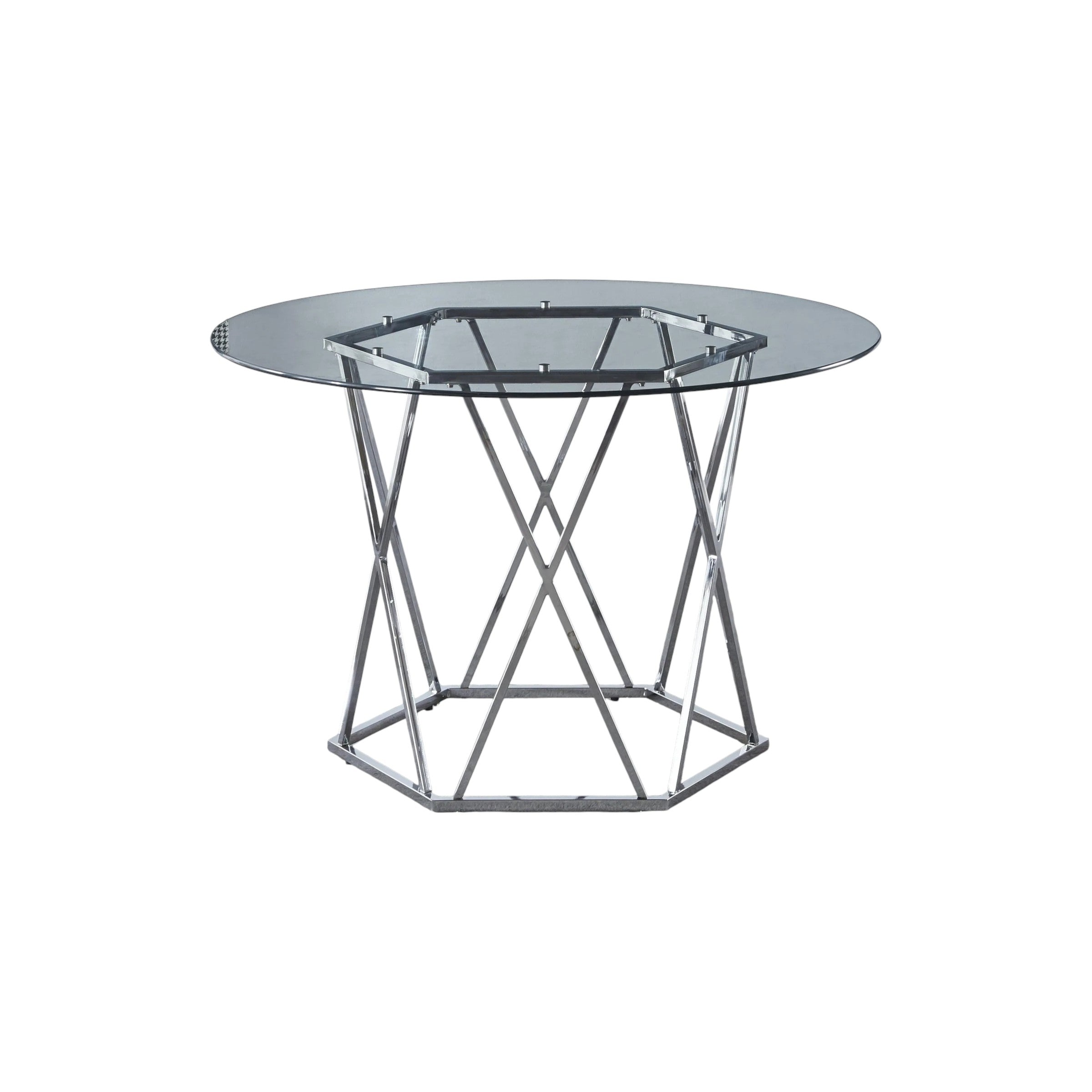 48" Clear And Silver Glass And Metal Trestle Base Round Top Dining Table - GreatEagleInc