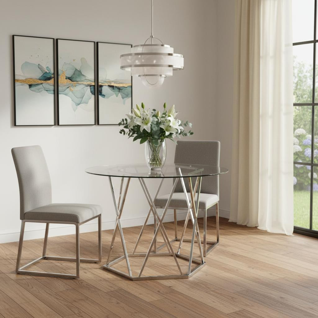 48" Clear And Silver Glass And Metal Trestle Base Round Top Dining Table - GreatEagleInc