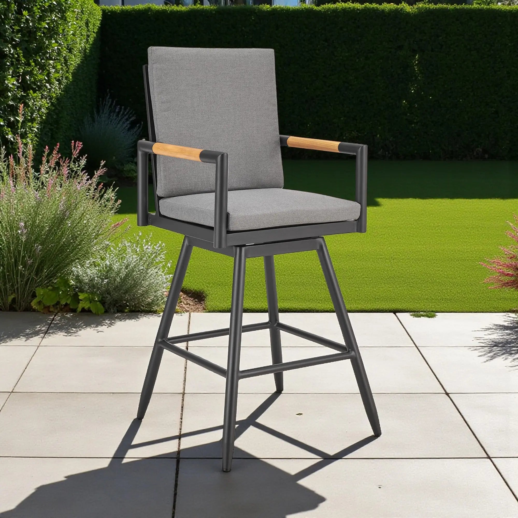 48" Dark Gray Metal Swivel Outdoor Bar Height chair with Footrest Homeroots Outdoor