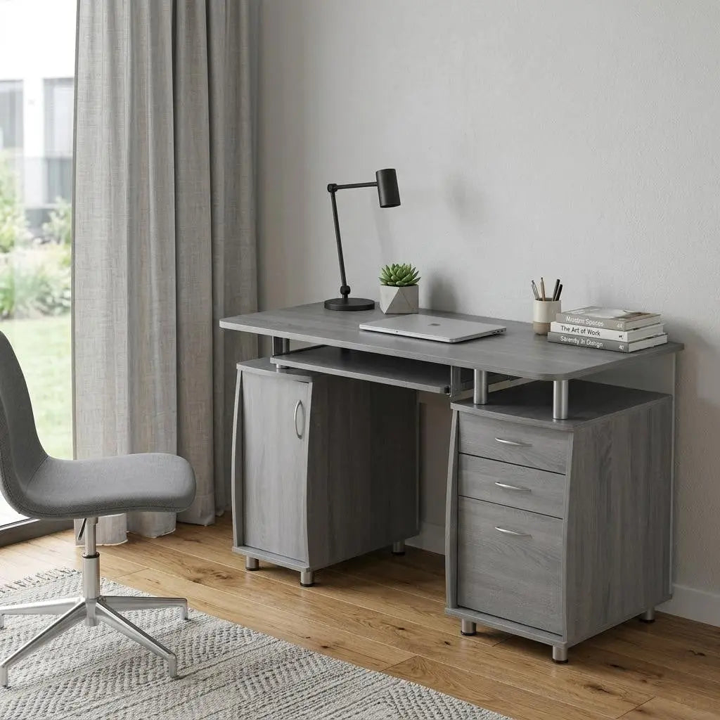 48" Gray Wood Pedestal Computer Desk With Three Drawers Homeroots Office