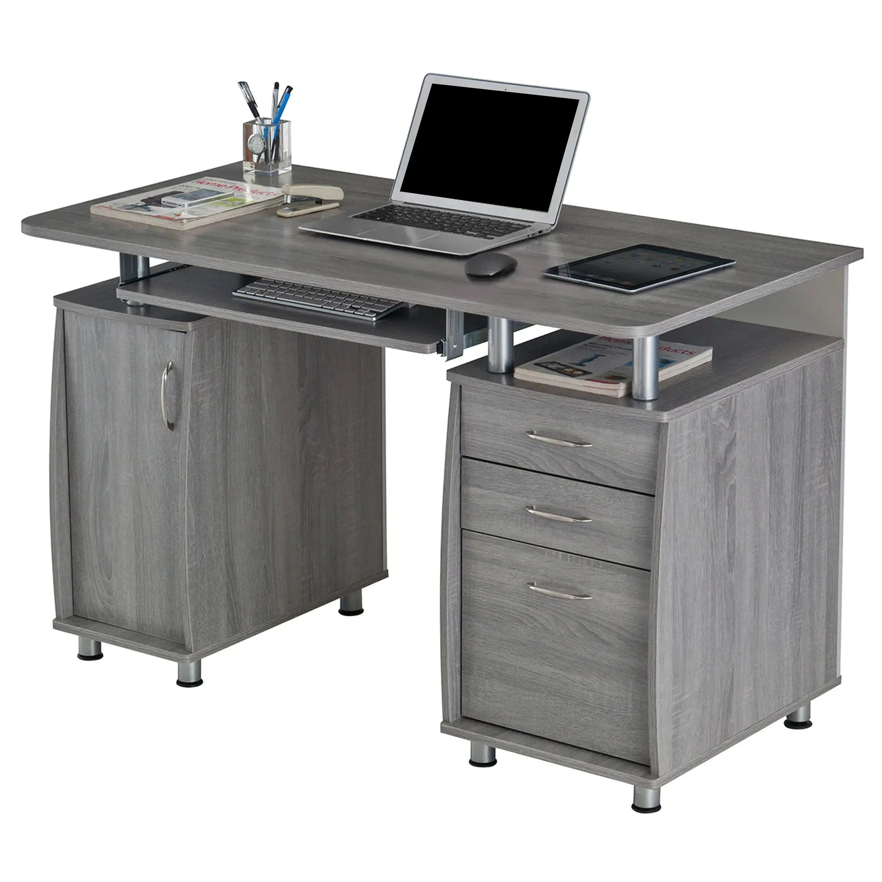 48" Gray Wood Pedestal Computer Desk With Three Drawers Homeroots Office