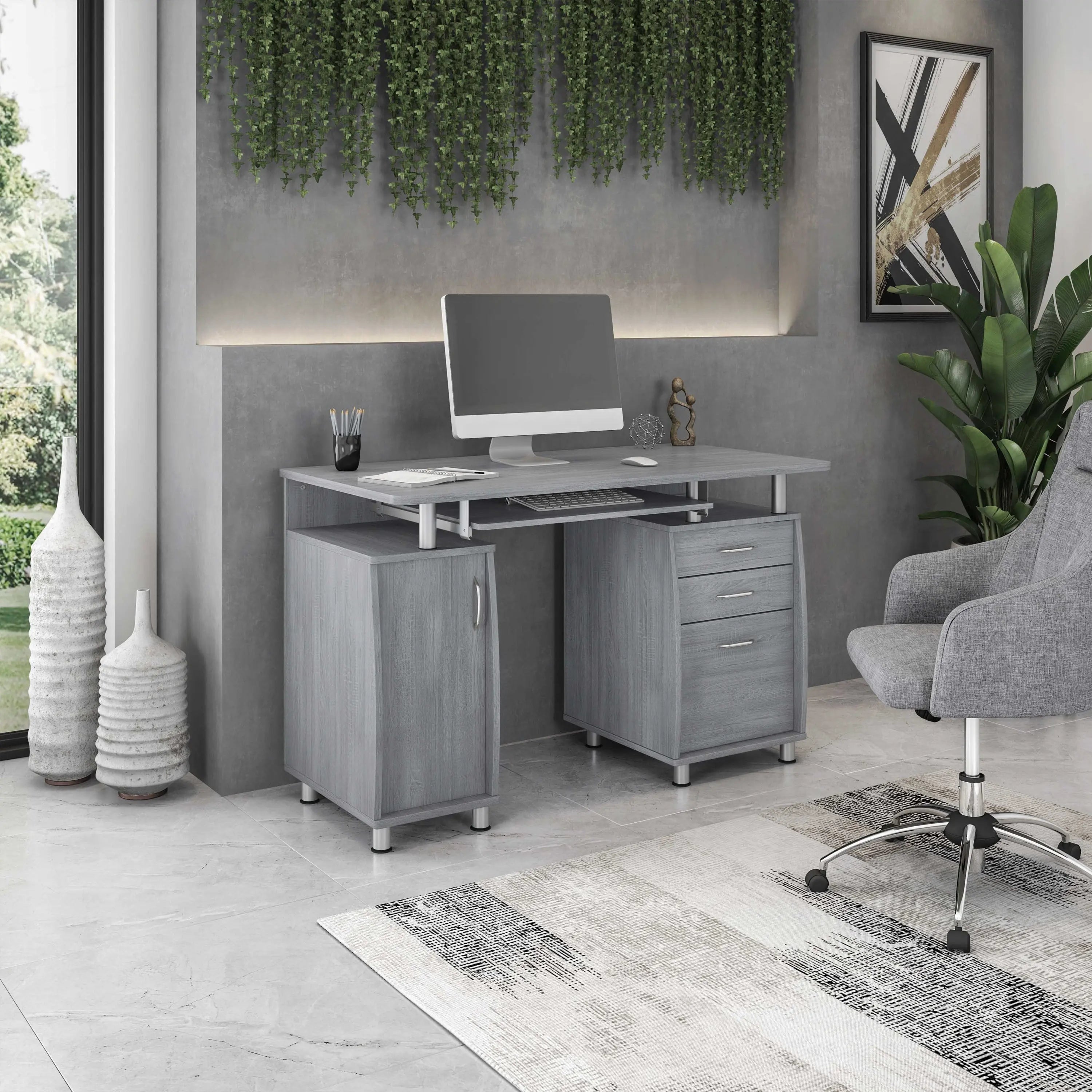 48" Gray Wood Pedestal Computer Desk With Three Drawers Homeroots Office