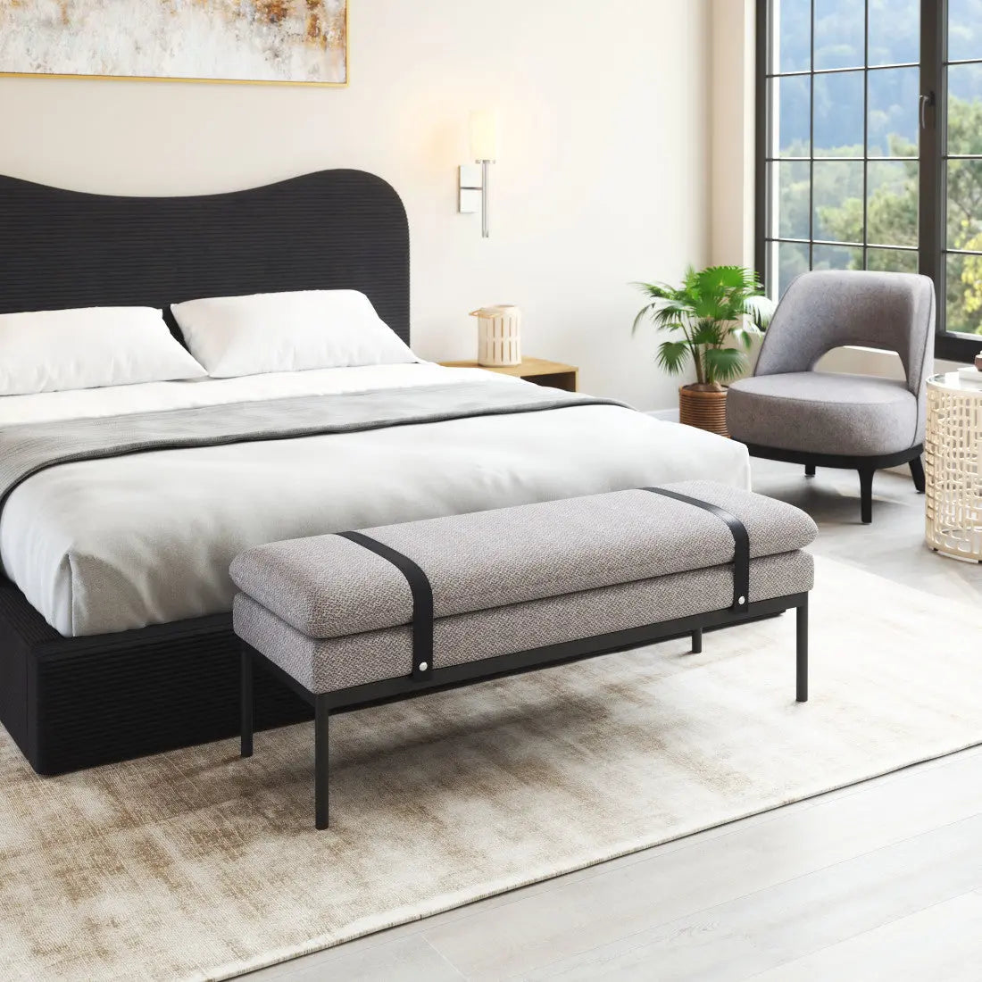48" Gray and Black Fabric and Steel Upholstered Bench Homeroots Living Room