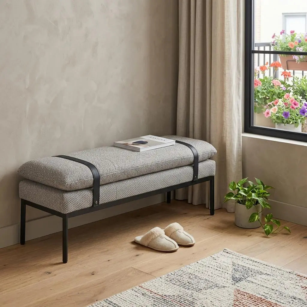 48" Gray and Black Fabric and Steel Upholstered Bench Homeroots Living Room