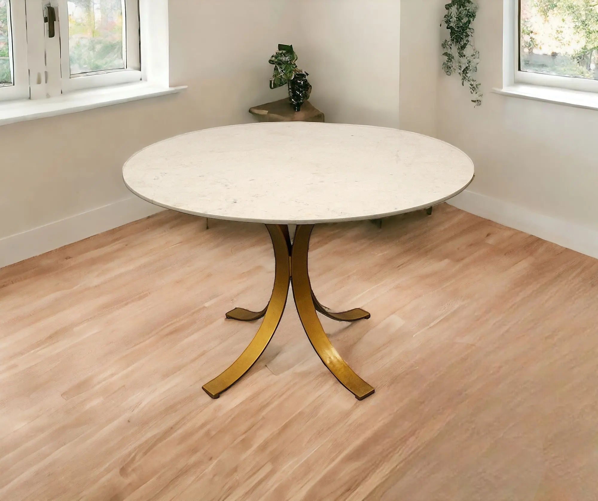 48" Ivory And Brass Rounded Marble And Iron Pedestal Base Dining Table Homeroots Kitchen & Dining