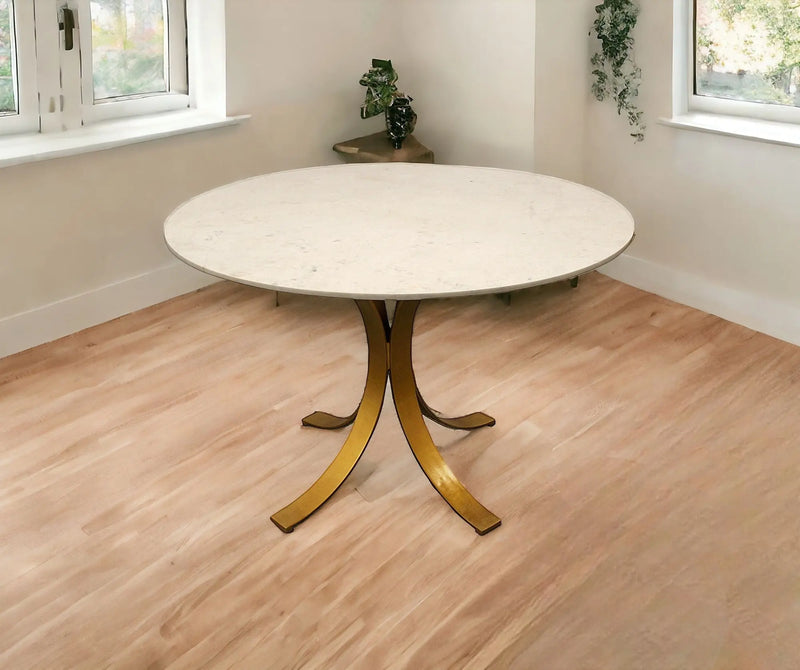 48" Ivory And Brass Rounded Marble And Iron Pedestal Base Dining Table Homeroots Kitchen & Dining
