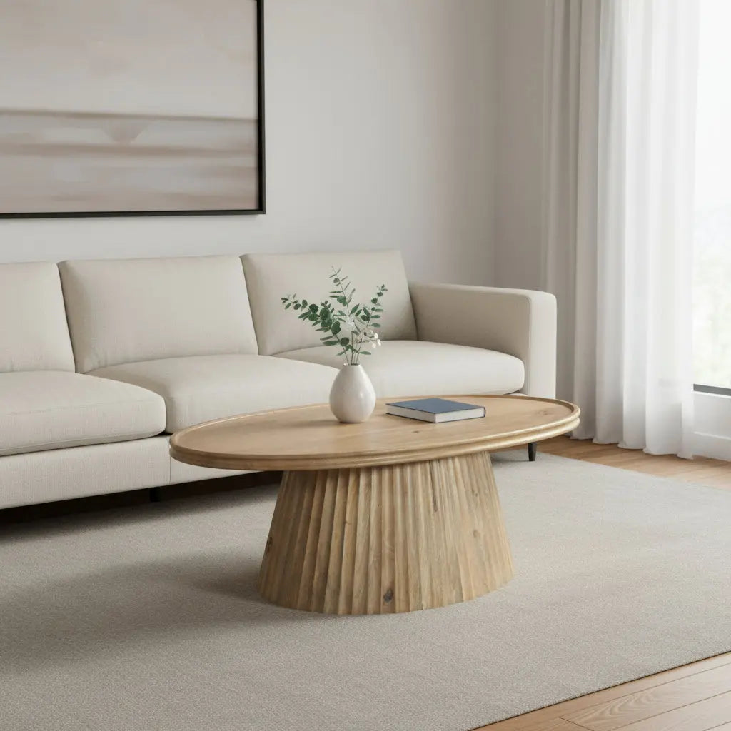 48" Light Brown Solid Wood Oval Pedestal Coffee Table Homeroots Living Room