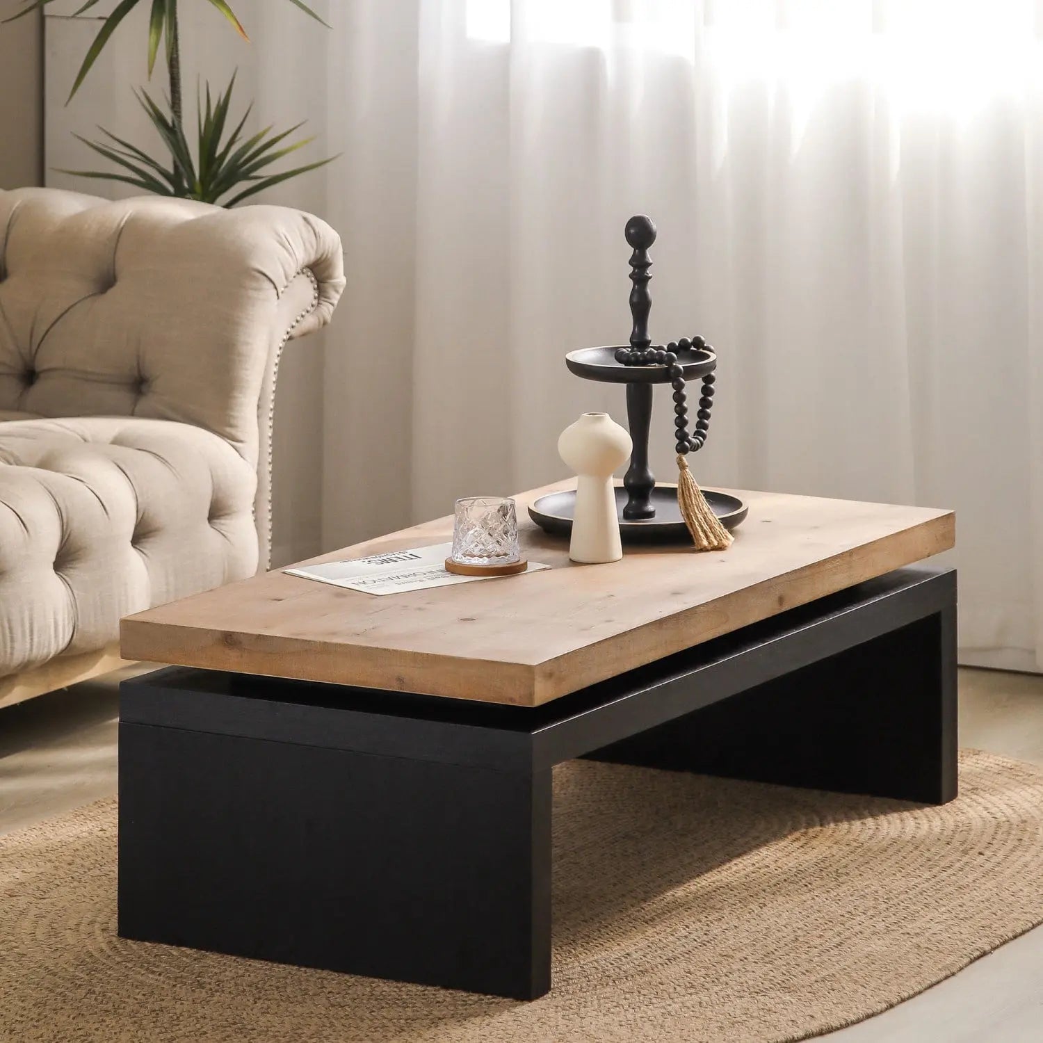 48" Natural and Black Wood Floating Frame Coffee Table Homeroots Living Room